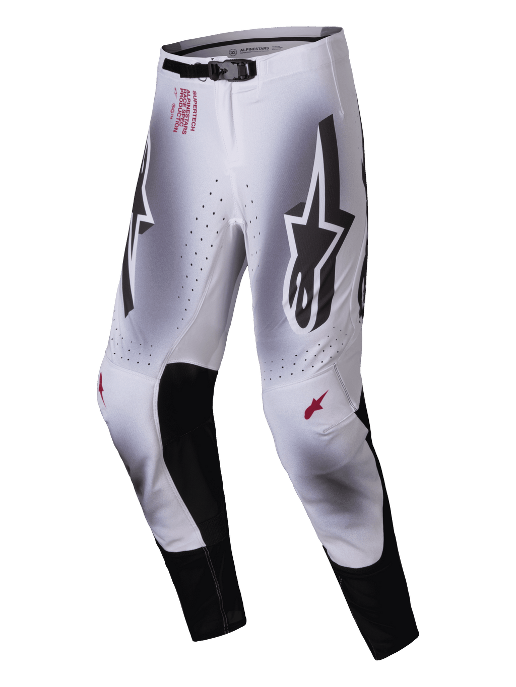 Alpinestars 2025 Supertech Maker broek, motorcross broek, zilver en zwart, met grote zwarte Astars-logo's op de dijen, rode technische branding op de heup, zwarte lederen binnenkniepanelen en geperforeerde ventilatiezones.
