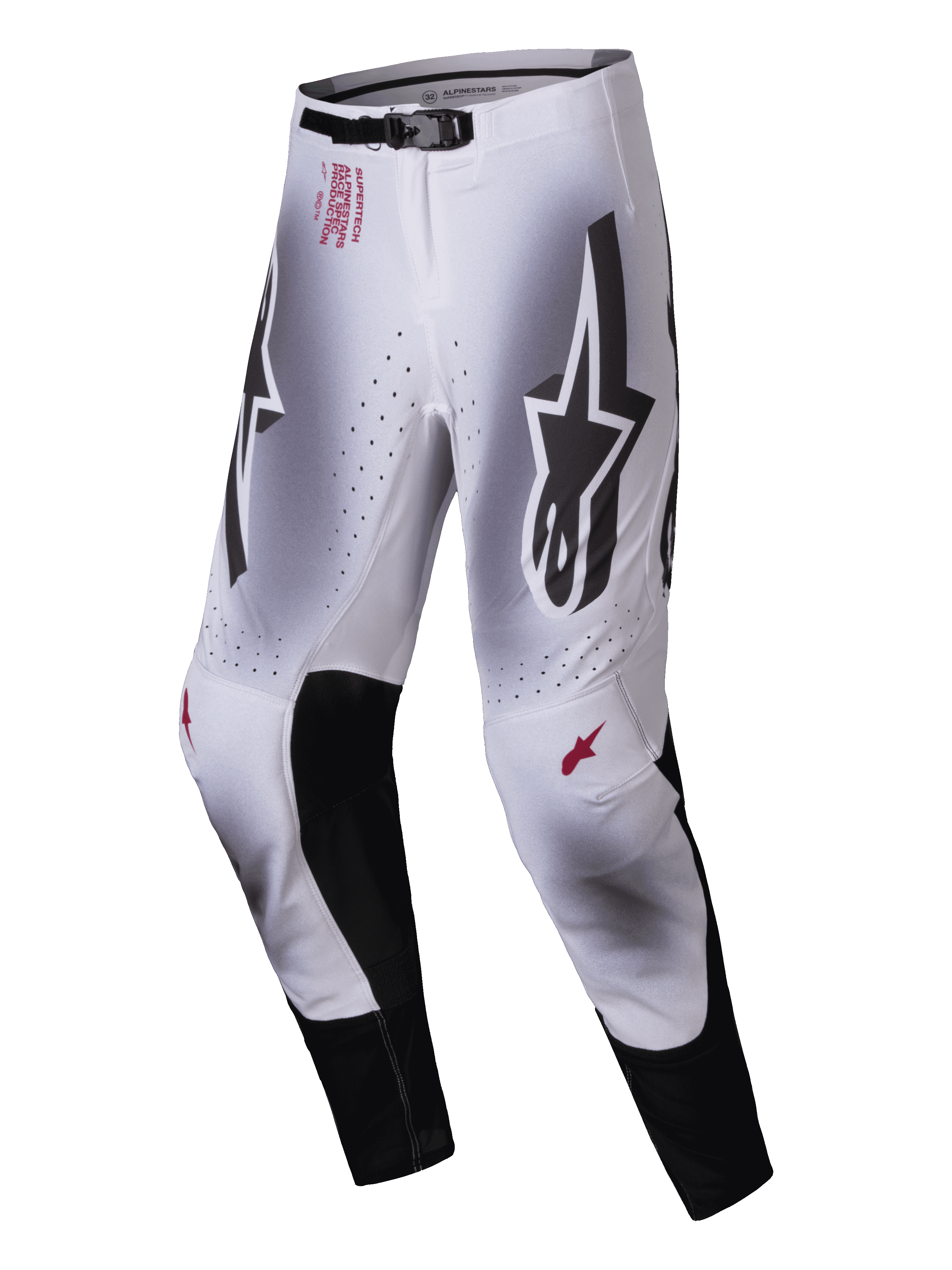Alpinestars 2025 Supertech Maker broek, motorcross broek, zilver en zwart, met grote zwarte Astars-logo's op de dijen, rode technische branding op de heup, zwarte lederen binnenkniepanelen en geperforeerde ventilatiezones.