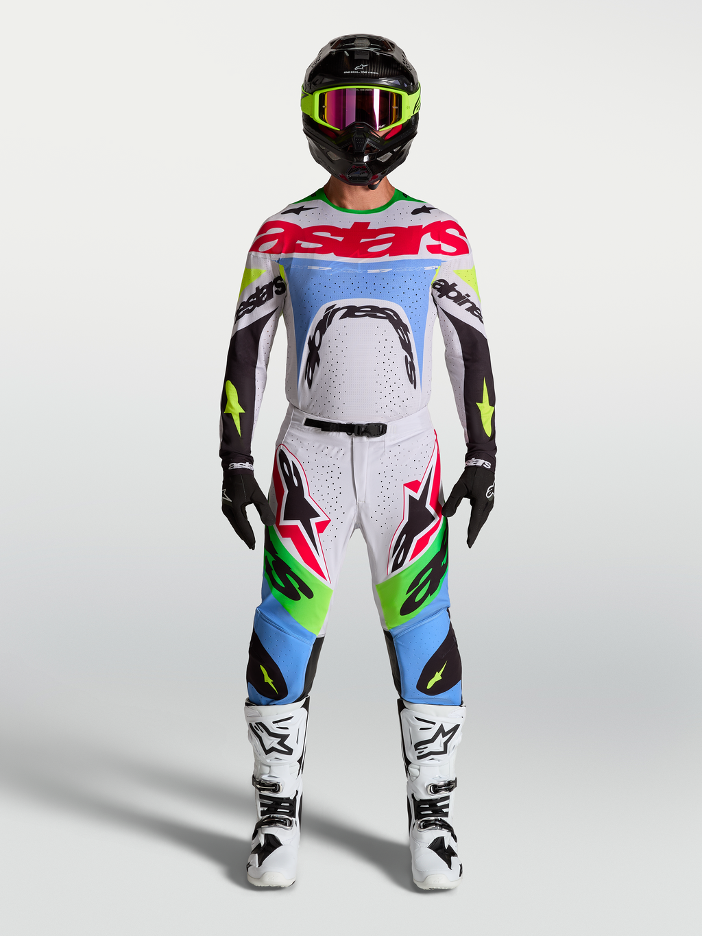 Alpinestars Supertech Dyna motorcrossbroek en jersey voor heren, fluo groen en lila, hoogwaardige stretch rip-stop.