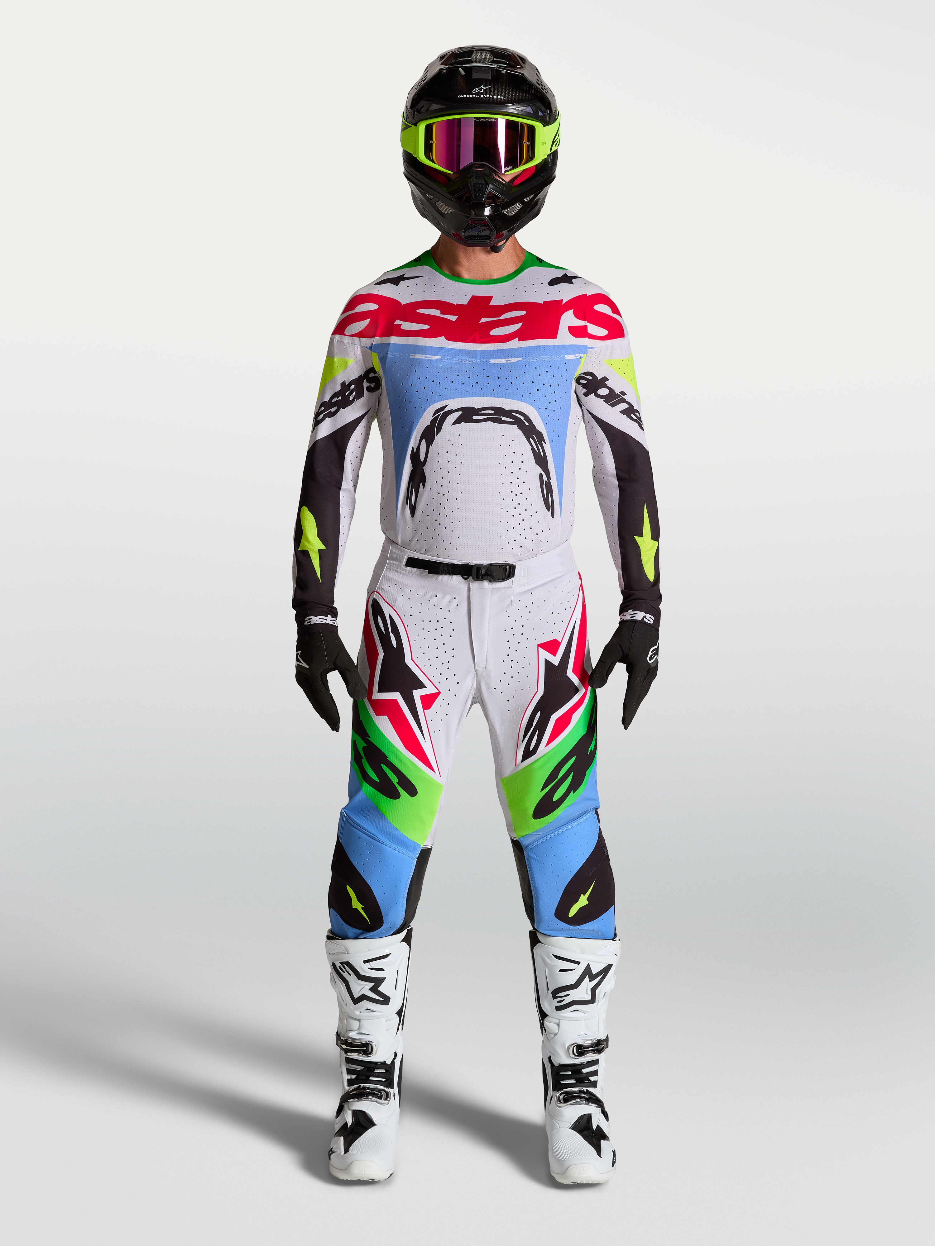 Alpinestars Supertech Dyna motorcrossbroek en jersey voor heren, fluo groen en lila, hoogwaardige stretch rip-stop.