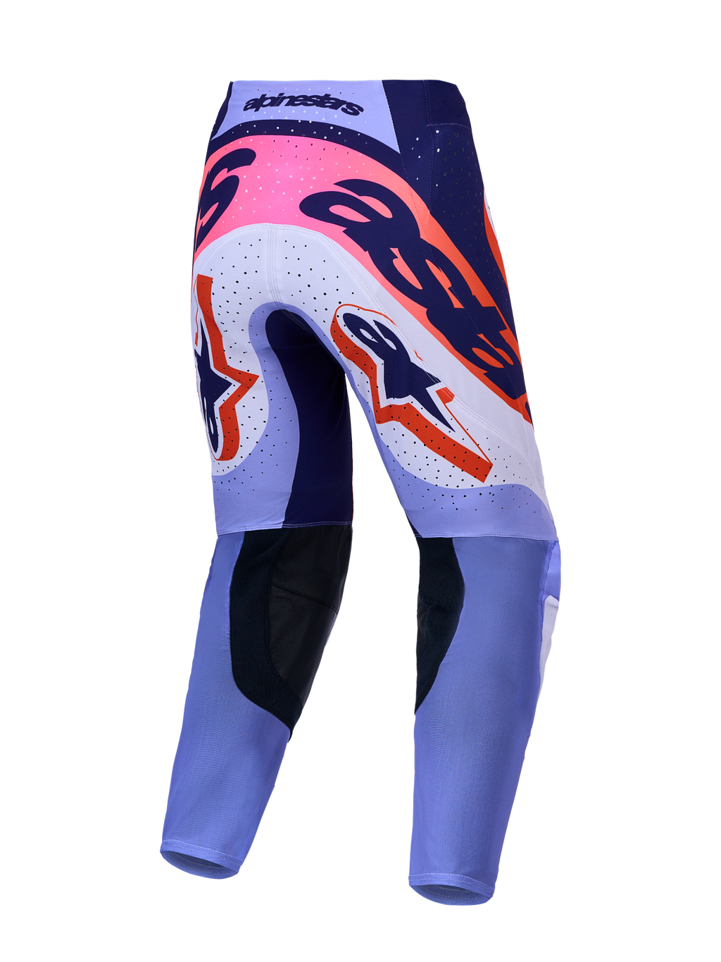 Alpinestars Supertech Dyna Broek, motorcrossbroek, achteraanzicht in lichtviolet en paars met roze fluo accenten.