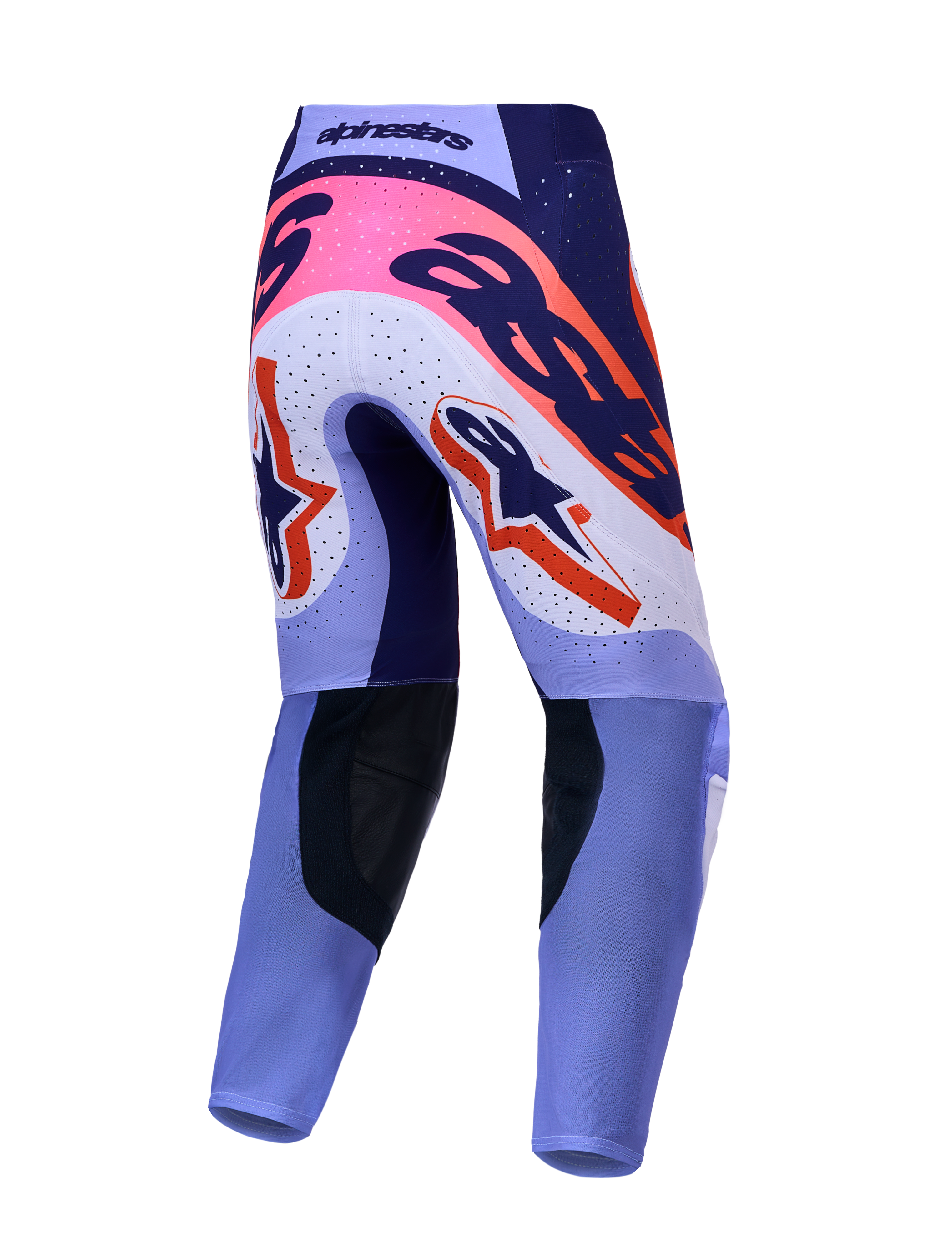 Alpinestars Supertech Dyna Broek, motorcrossbroek, achteraanzicht in lichtviolet en paars met roze fluo accenten.