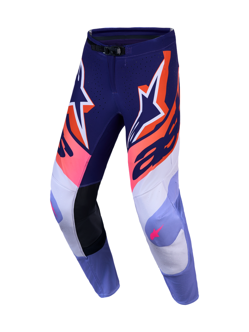 Alpinestars Supertech Dyna broek 2027, heren-motocrossbroek in paars en roze fluo, hoogwaardig stretch ripstop.