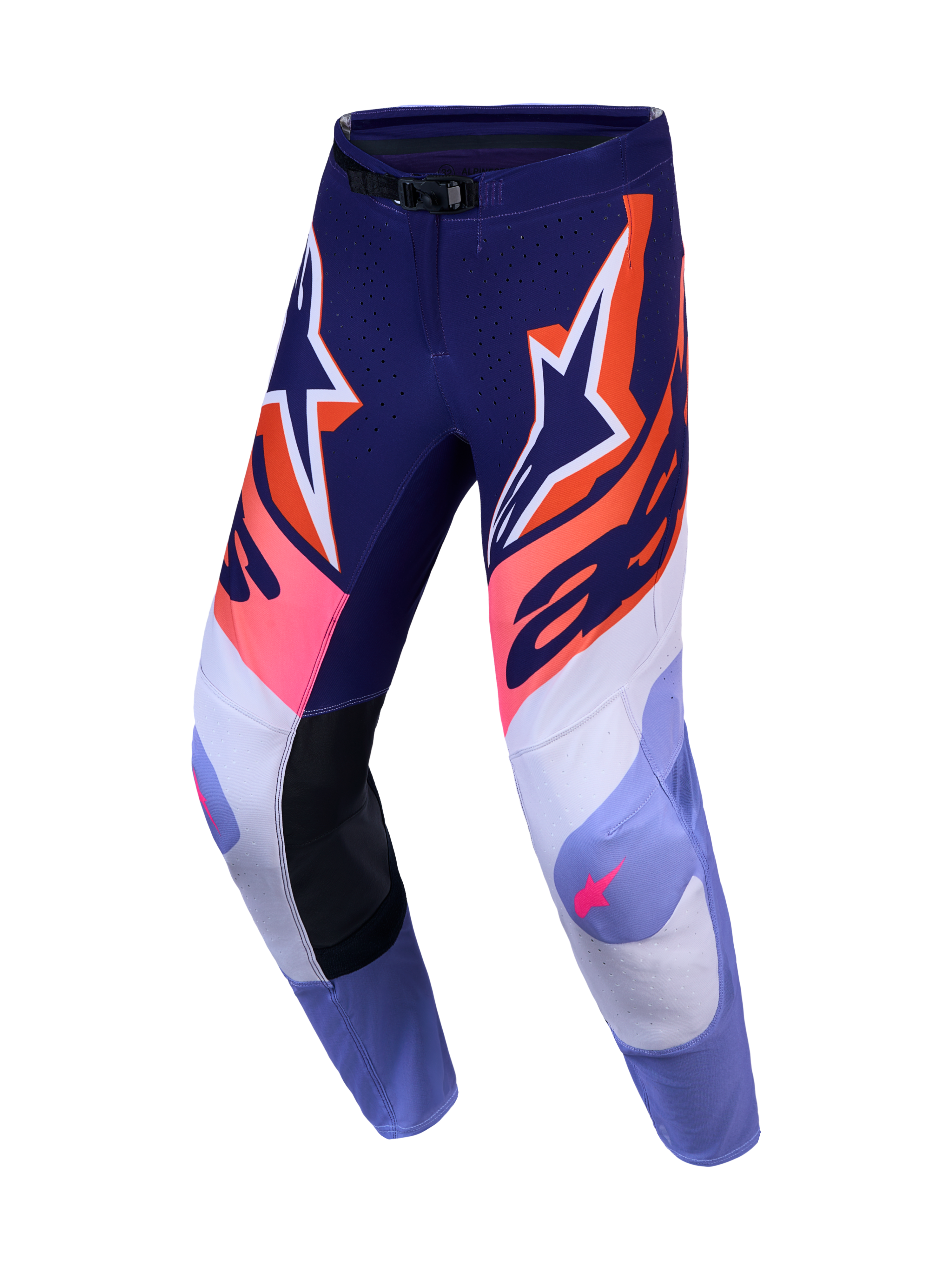 Alpinestars Supertech Dyna broek 2027, heren-motocrossbroek in paars en roze fluo, hoogwaardig stretch ripstop.