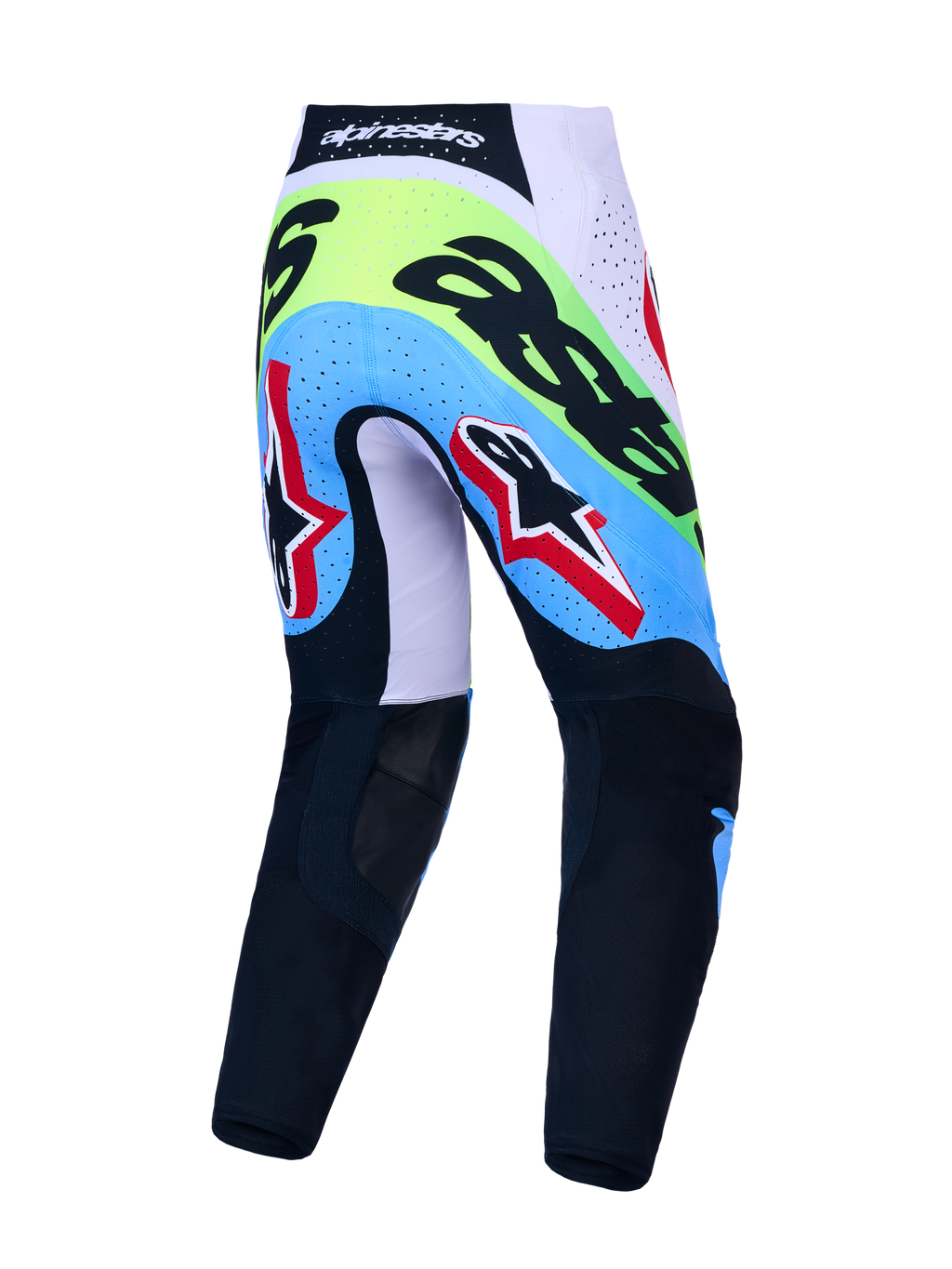 Alpinestars Supertech Dyna broek, heren motorcrossbroek in groen fluo en zwart, achteraanzicht met ademende zones.
