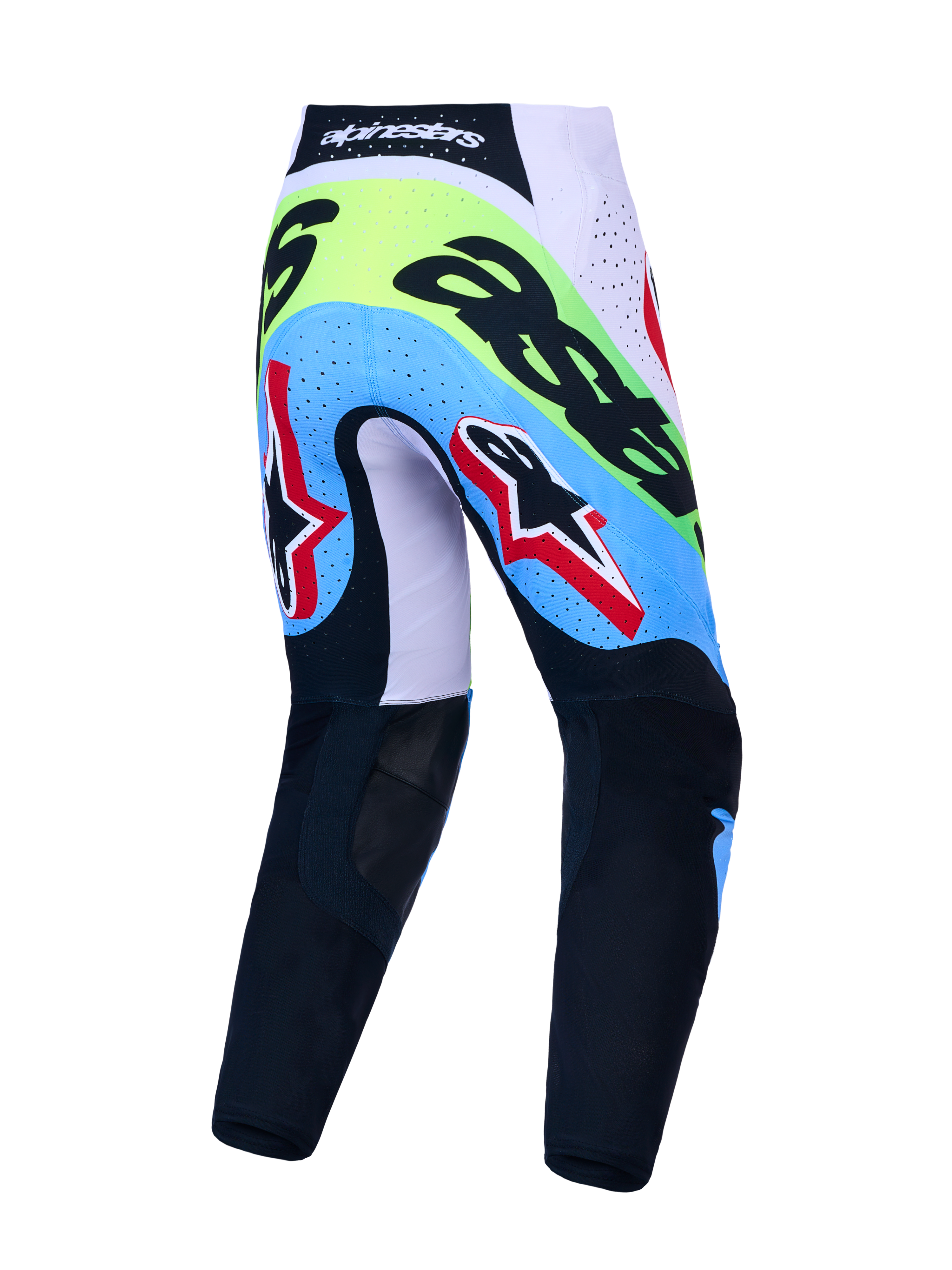 Alpinestars Supertech Dyna broek, heren motorcrossbroek in groen fluo en zwart, achteraanzicht met ademende zones.