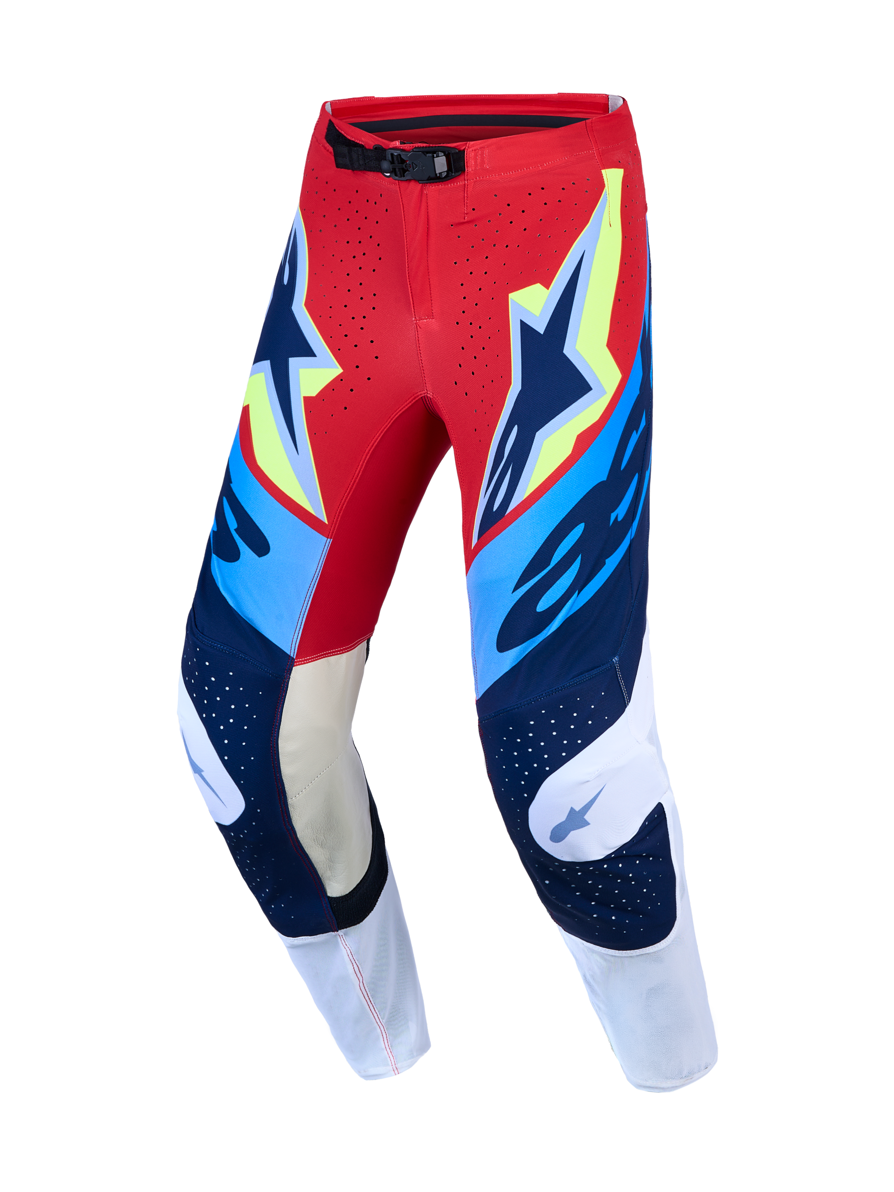 Alpinestars Supertech Dyna Pants, Men's Motocross Racing Pants, Red, White, and Navy Blue with leather knee panels.