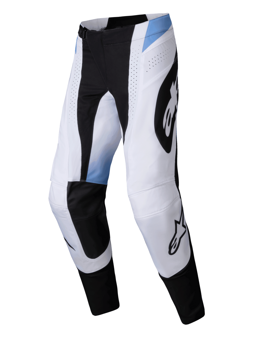 Alpinestars 2025 Techstar Melt broek, motorcrossbroek, wit en zwart met lichtblauwe accenten, voorzien van grote zwarte Alpinestars-logo's, lasergesneden ventilatieopeningen en een duurzame atletische pasvorm voor off-road racen.