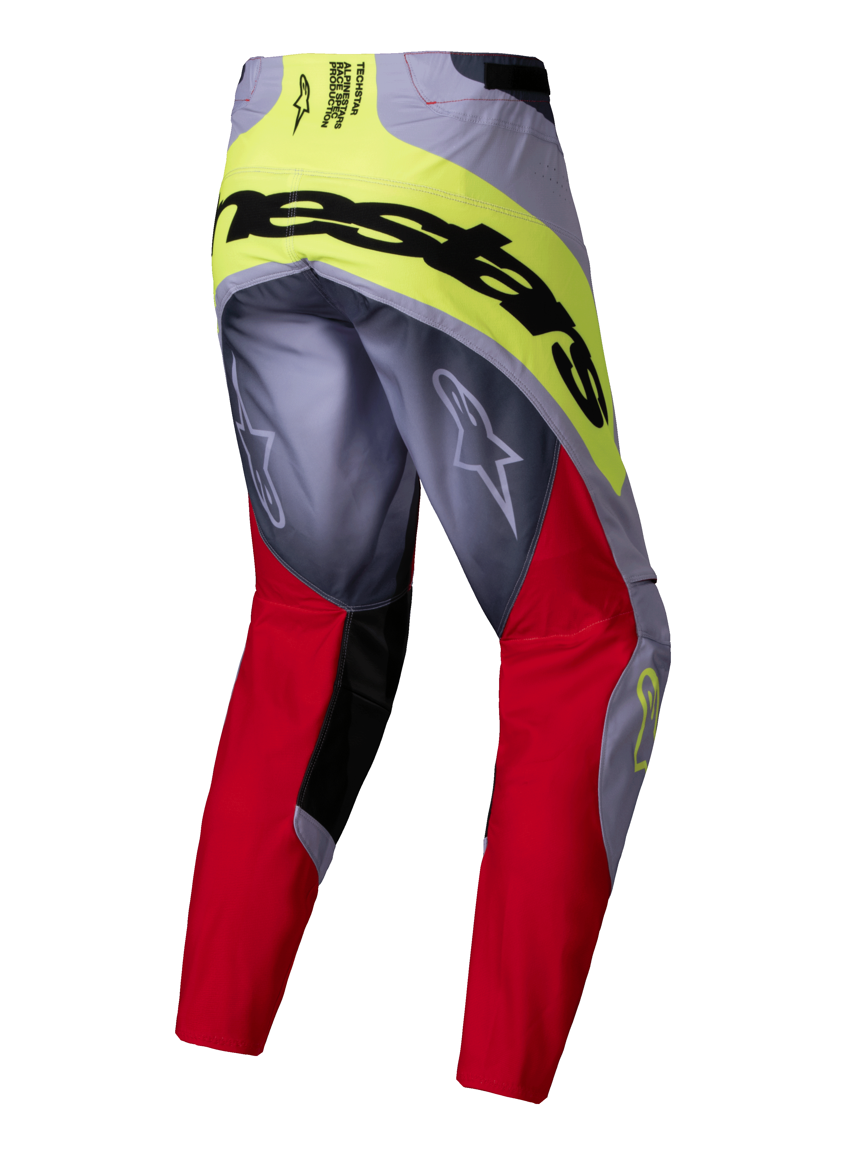 Alpinestars 2025 Techstar Melt broek, motorcrossbroek, felrood en grijs met neongele accenten, achteraanzicht met groot zwart Alpinestars-logo op het zitvlak, Astars-logo's op de benen, duurzaam multi-materiaal ontwerp voor off-road racen