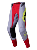Alpinestars 2025 Techstar Melt crossbroek, motorcross broek, helderrood en grijs met fluorescerend gele accenten, atletische racepasvorm met lasergesneden perforaties en versterkte binnenknieën voor off-road prestaties.