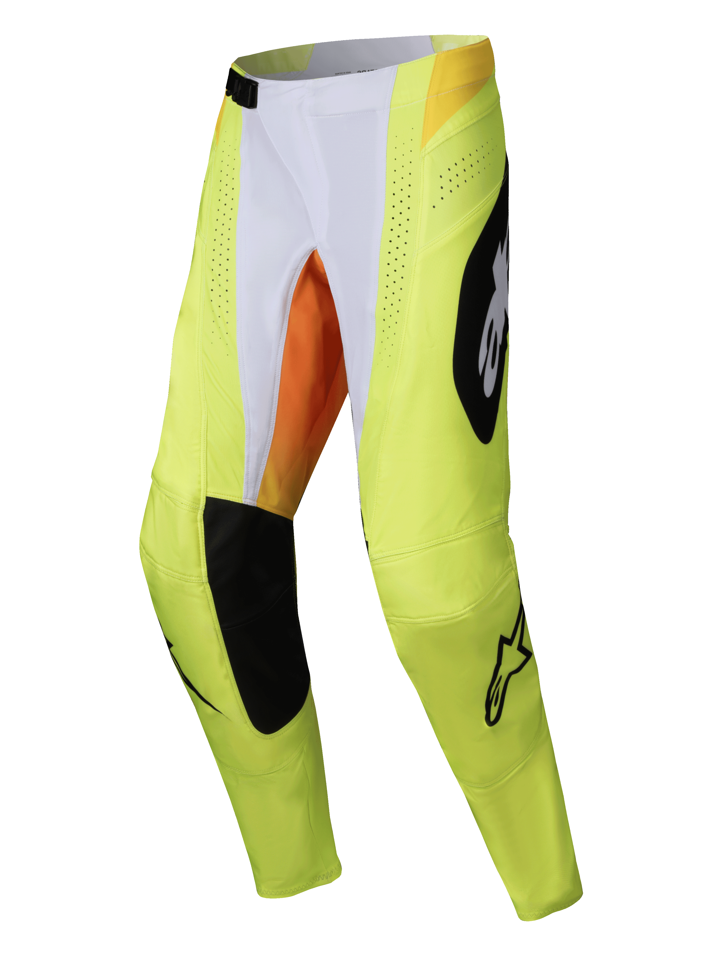 Alpinestars 2025 Techstar Melt crossbroek, motorcross broek, neon geel en zwart met witte en oranje accenten, grote zwarte Alpinestars-logo's, lasergesneden ventilatieperforaties en duurzame panelen voor off-road racing