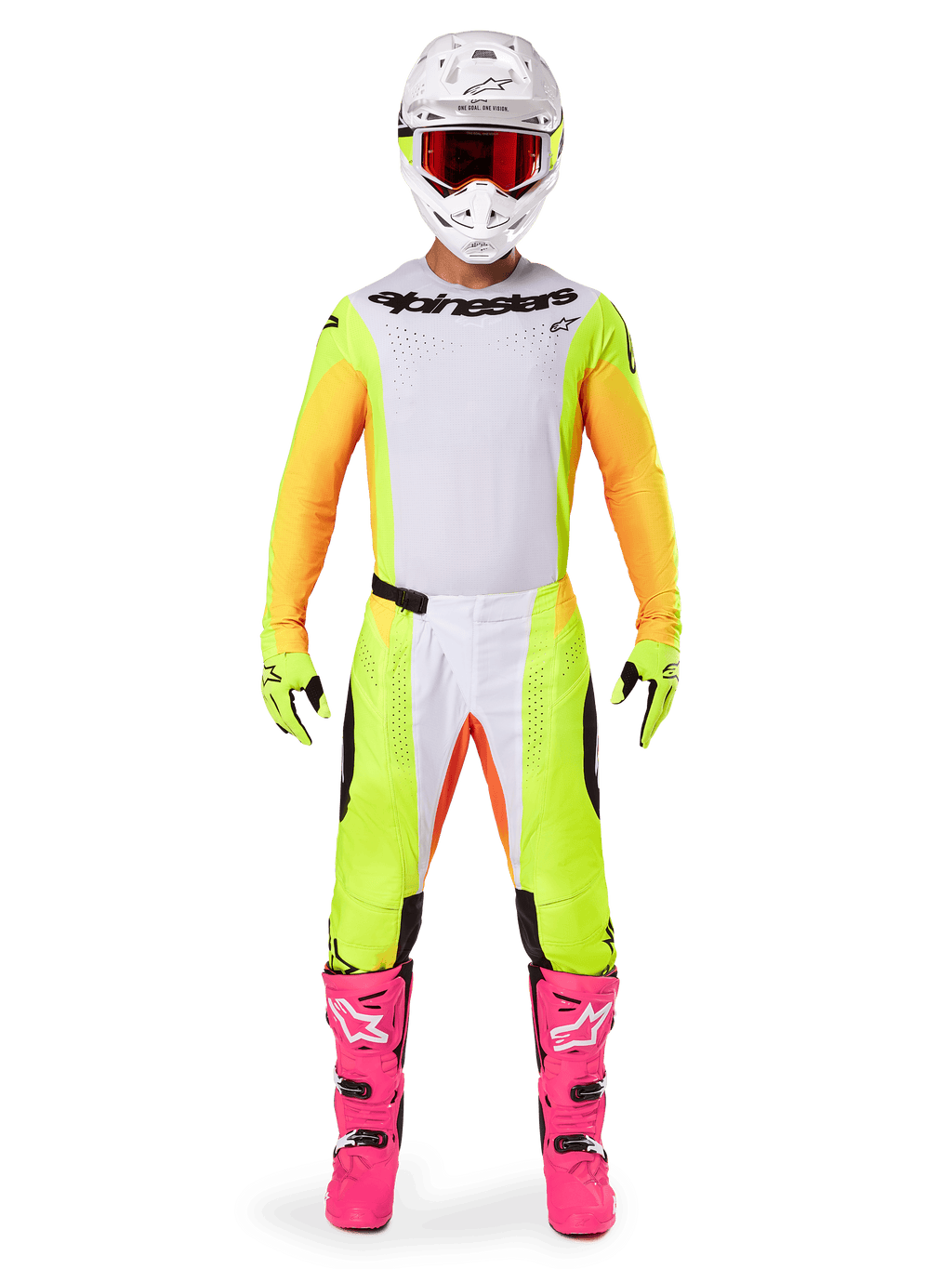 Motocrosser in de Alpinestars 2025 Techstar Melt Gear Set, wit shirt met gele en oranje mouwen, neongele broek met witte en oranje accenten, witte helm met rode bril, felroze laarzen en neongele handschoenen, complete race-outfit voor off-road competitie