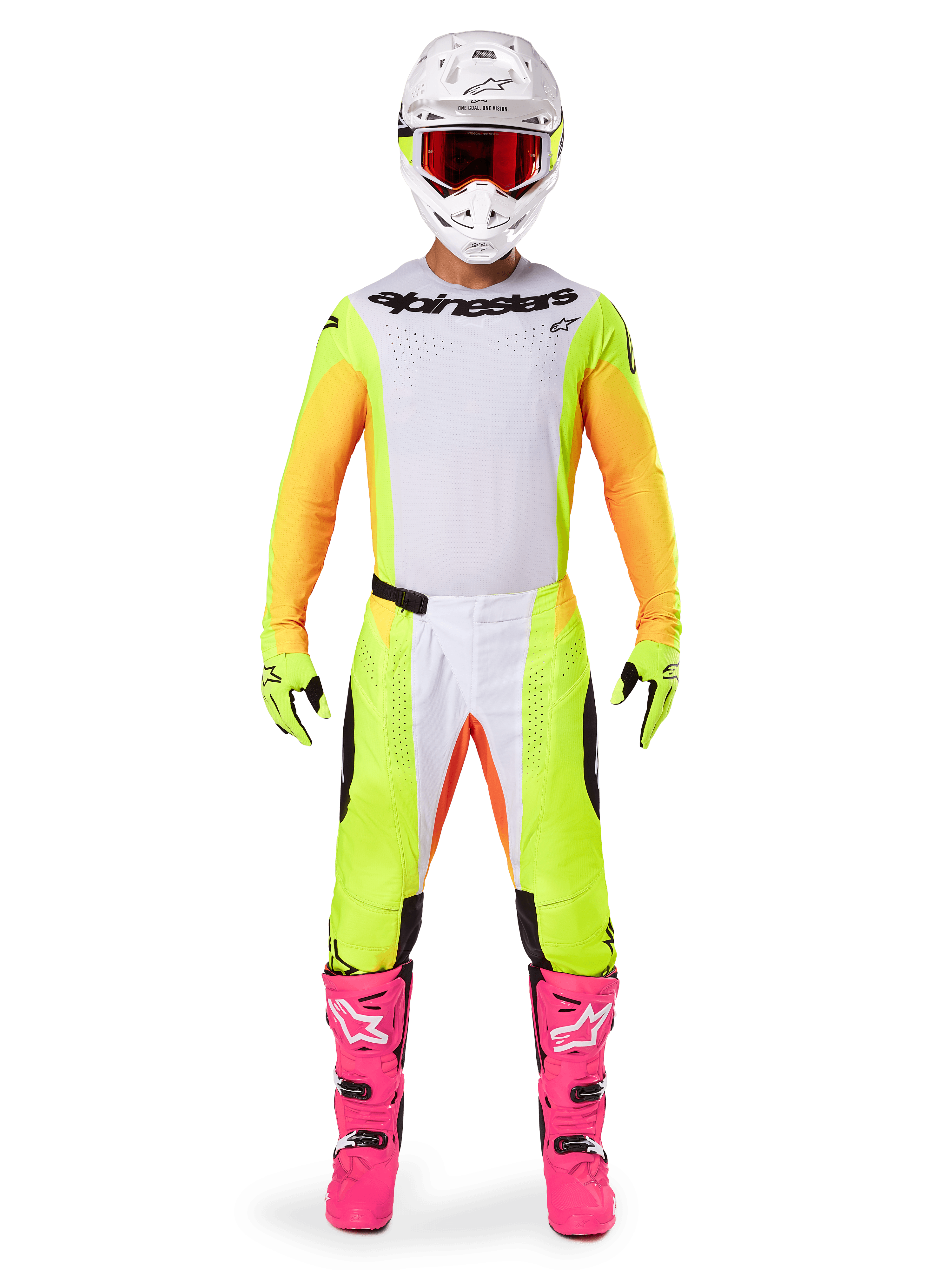 Motocrosser in de Alpinestars 2025 Techstar Melt Gear Set, wit shirt met gele en oranje mouwen, neongele broek met witte en oranje accenten, witte helm met rode bril, felroze laarzen en neongele handschoenen, complete race-outfit voor off-road competitie