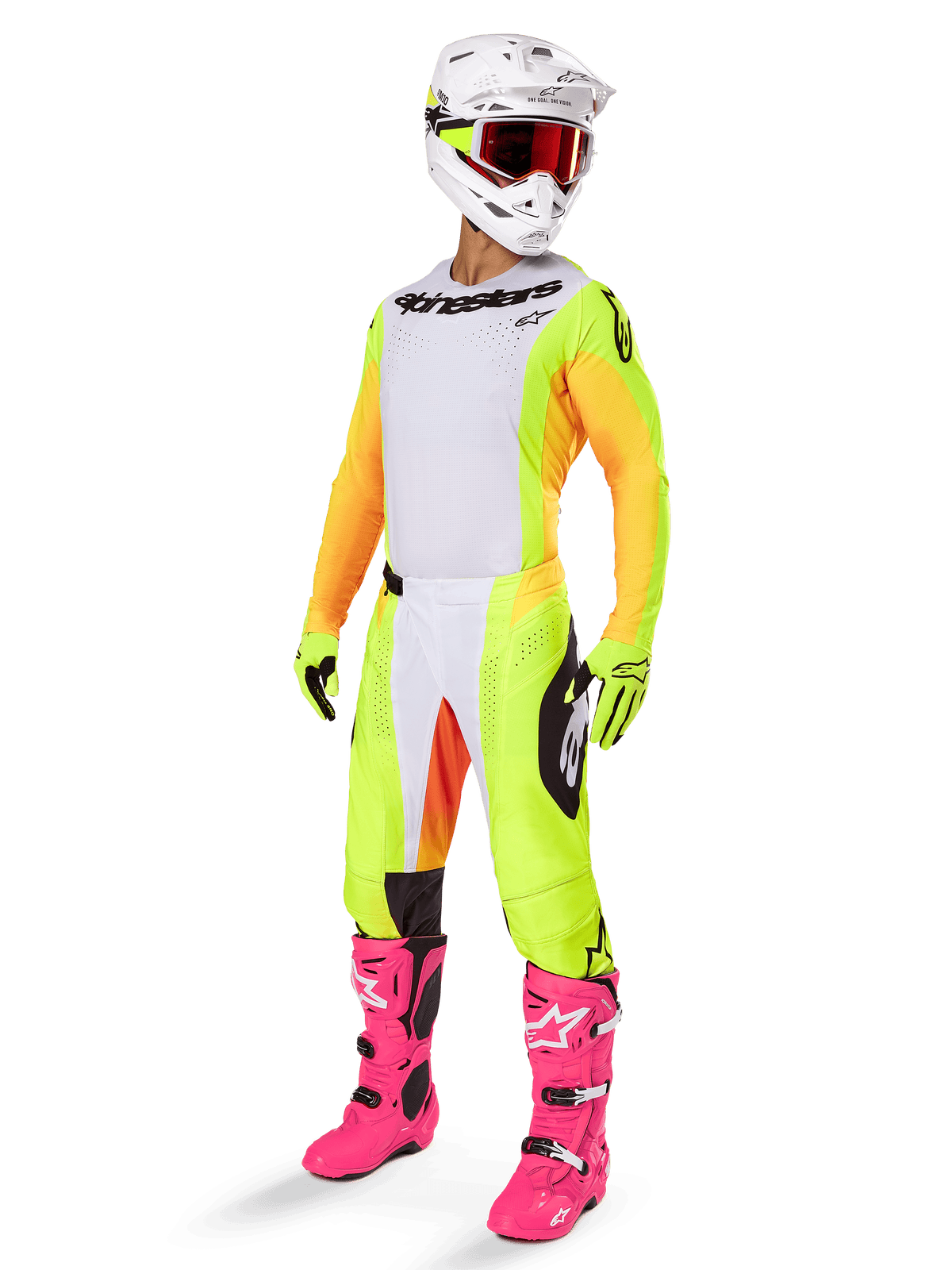 Alpinestars 2025 Techstar Melt Gear Set, volledige motorcross race-outfit, wit jersey met geel-oranje mouwen, neongele broek, felroze laarzen, witte helm met rode crossbril, gele handschoenen, kleurrijke racekleding