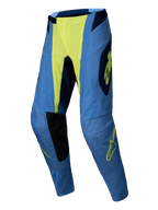 Alpinestars 2025 Techstar Melt crossbroek, motorcross broek, blauw met fluogeel middenstuk en logo-details, zwarte binnenkniepanelen, laserperforaties, atletische racepasvorm voor off-road prestaties