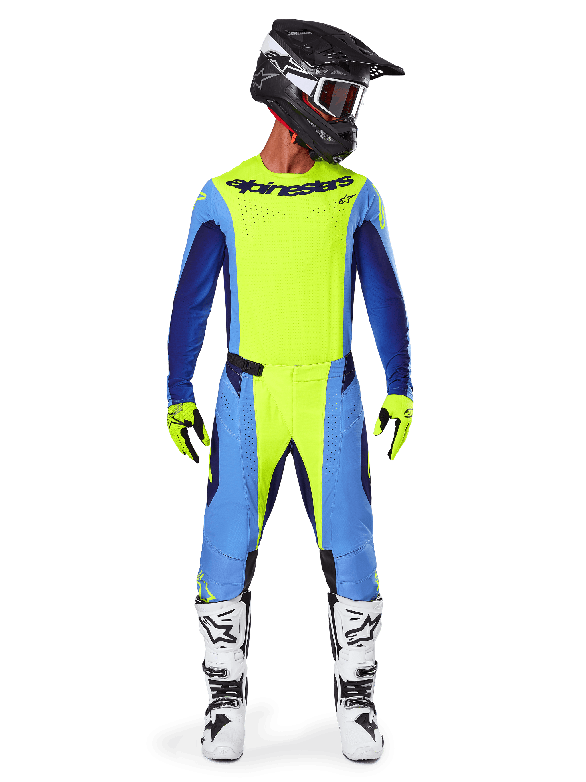 Alpinestars 2025 Techstar Melt broek, motorcrossbroek, fluogeel blauw, gedragen met bijpassende jersey, gele handschoenen en witte en zwarte laarzen, voorzien van een zwarte helm met rode bril, complete race-uitrusting voor off-road prestaties