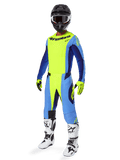 Alpinestars 2025 Techstar Melt Gear Set, complete motorcross race-outfit, neongeel en blauw, zwarte helm met bril, geel-zwarte handschoenen, witte en zwarte laarzen, volledige MX-uitrusting