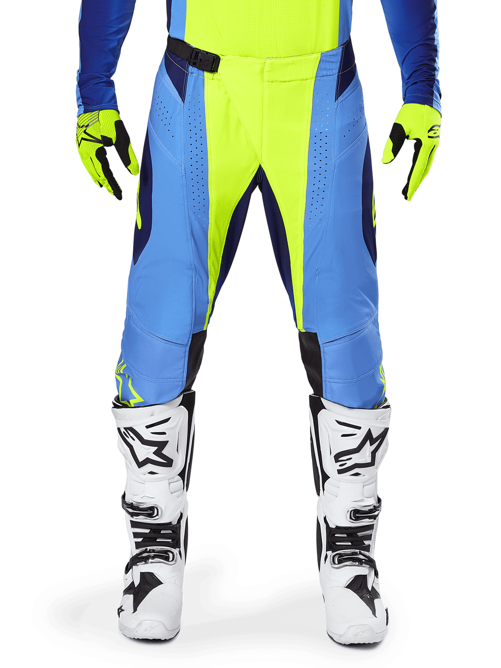 Alpinestars 2025 Techstar Melt broek, motorcrossbroek, fluorescerend geel en blauw, gedragen met bijpassende handschoenen en witte laarzen, met blauwe panelen en fluogele accenten, prestatiegericht ontwerp voor off-road racing