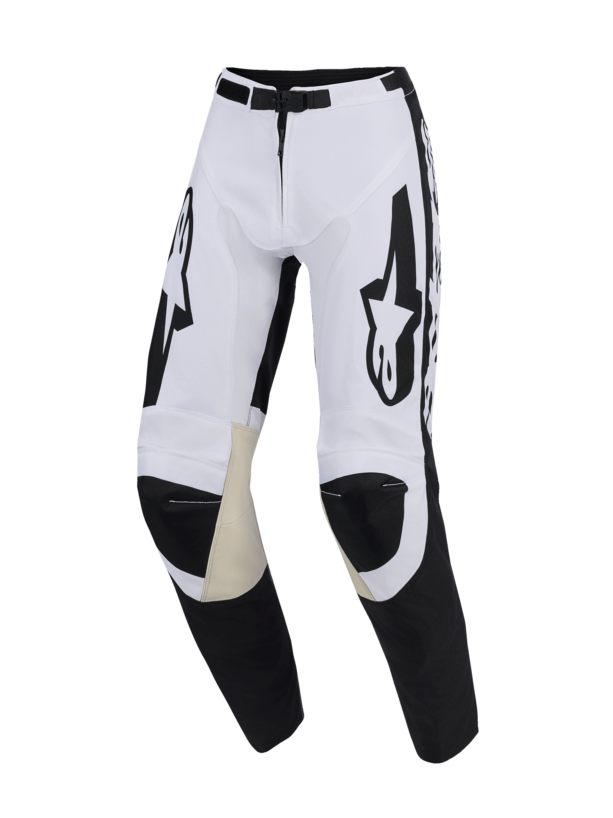 Alpinestars 2026 Racer Riway broek, motorcrossbroek, wit en zwart, met tankleurige geitenleren panelen aan de binnenzijde van de knie, grote zwarte Alpinestars-logo's op de dijen, magnetische gespsluiting en sportief voorgevormd ontwerp voor off-road rijden
