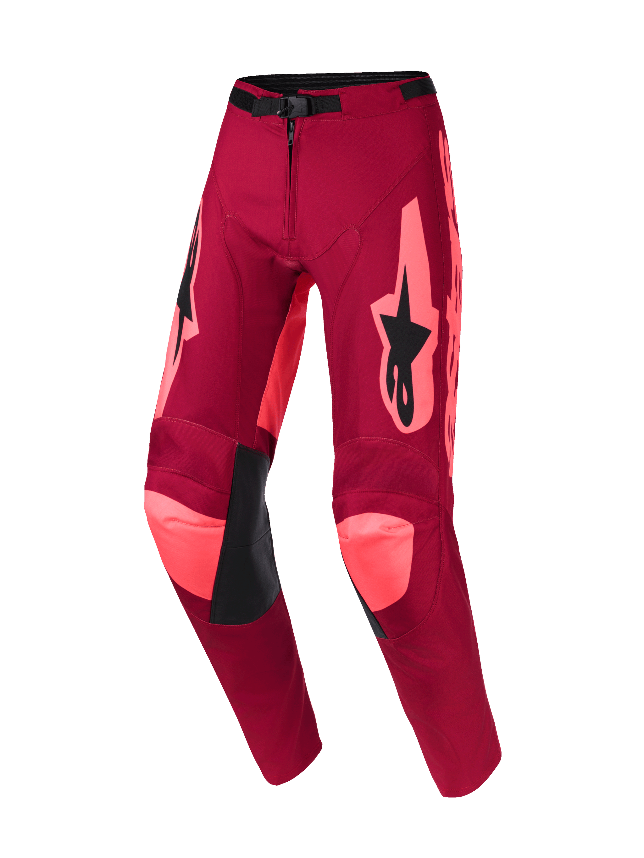 Alpinestars 2026 Racer Riway broek, motorcrossbroek, Dark Red Coral, met felle koraalkleurige accenten op de knieën en zijkanten, zwart Alpinestars-logo op de dijen, zwarte lederen panelen aan de binnenzijde van de knie en verstelbare gesp in de taille, duurzaam off-road race-ontwerp