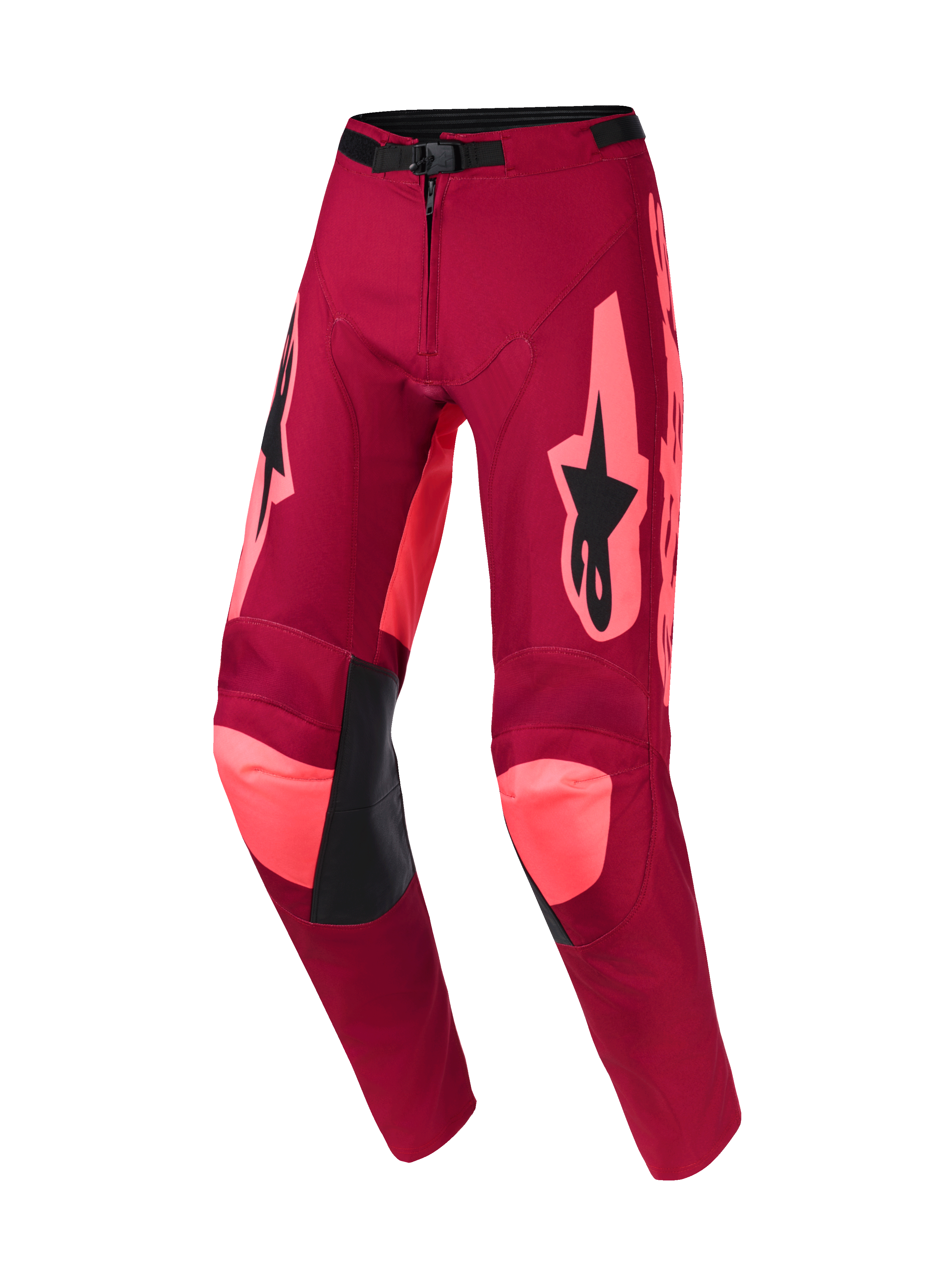 Alpinestars 2026 Racer Riway broek, motorcrossbroek, Dark Red Coral, met felle koraalkleurige accenten op de knieën en zijkanten, zwart Alpinestars-logo op de dijen, zwarte lederen panelen aan de binnenzijde van de knie en verstelbare gesp in de taille, duurzaam off-road race-ontwerp