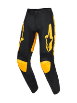 Alpinestars 2026 Racer Riway broek, motorcrossbroek, geel en zwart, met opvallende gele logo's op de dijbenen en gele kniepanelen, ergonomisch voorgevormd ontwerp, duurzame polyfabric constructie voor professioneel off-road racen