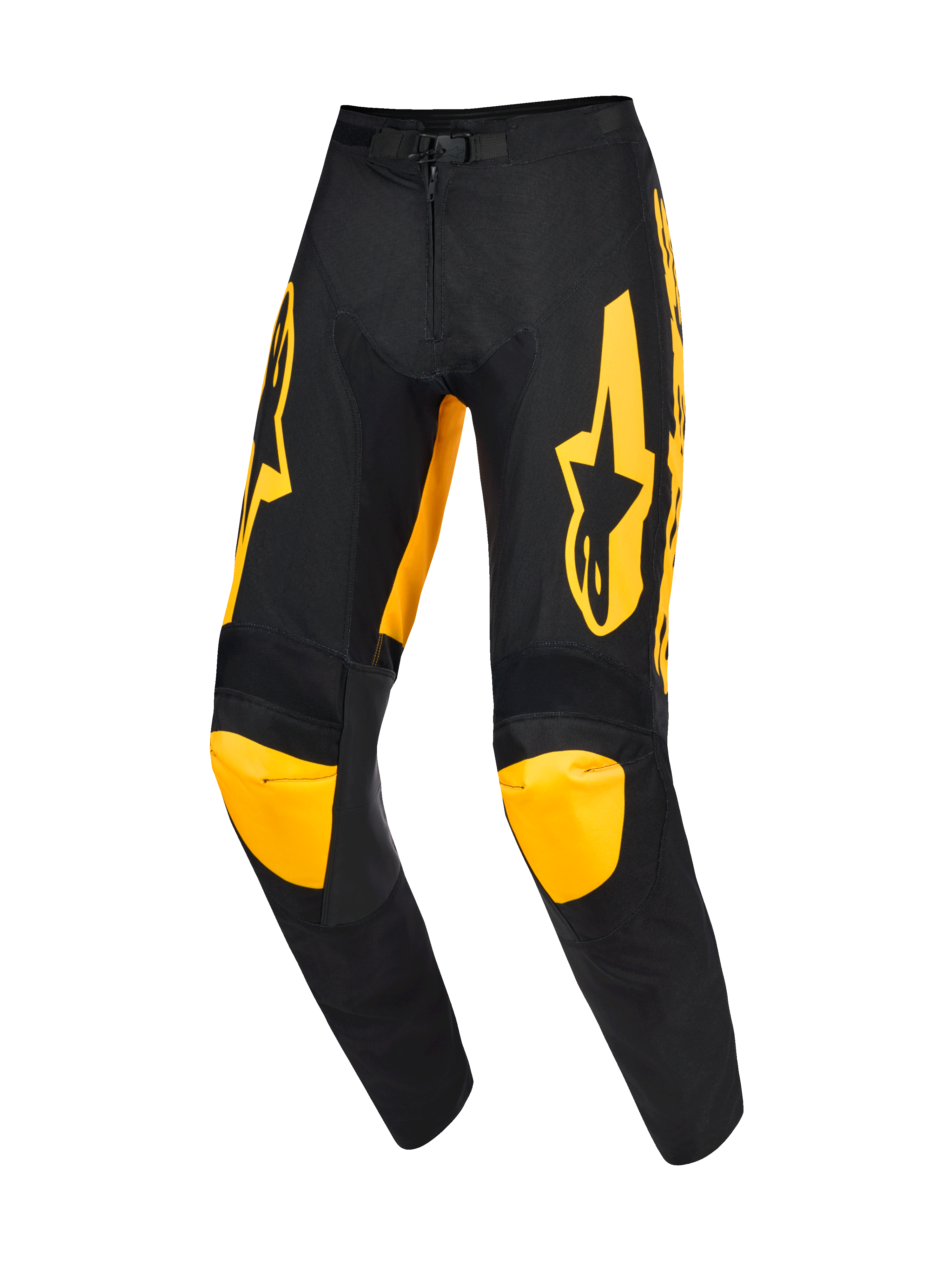 Alpinestars 2026 Racer Riway broek, motorcrossbroek, geel en zwart, met opvallende gele logo's op de dijbenen en gele kniepanelen, ergonomisch voorgevormd ontwerp, duurzame polyfabric constructie voor professioneel off-road racen
