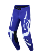 Alpinestars Supertech Vesta Pants, Men's Motocross Pants in Deep Blue and White with leather knee panels and star graphics.