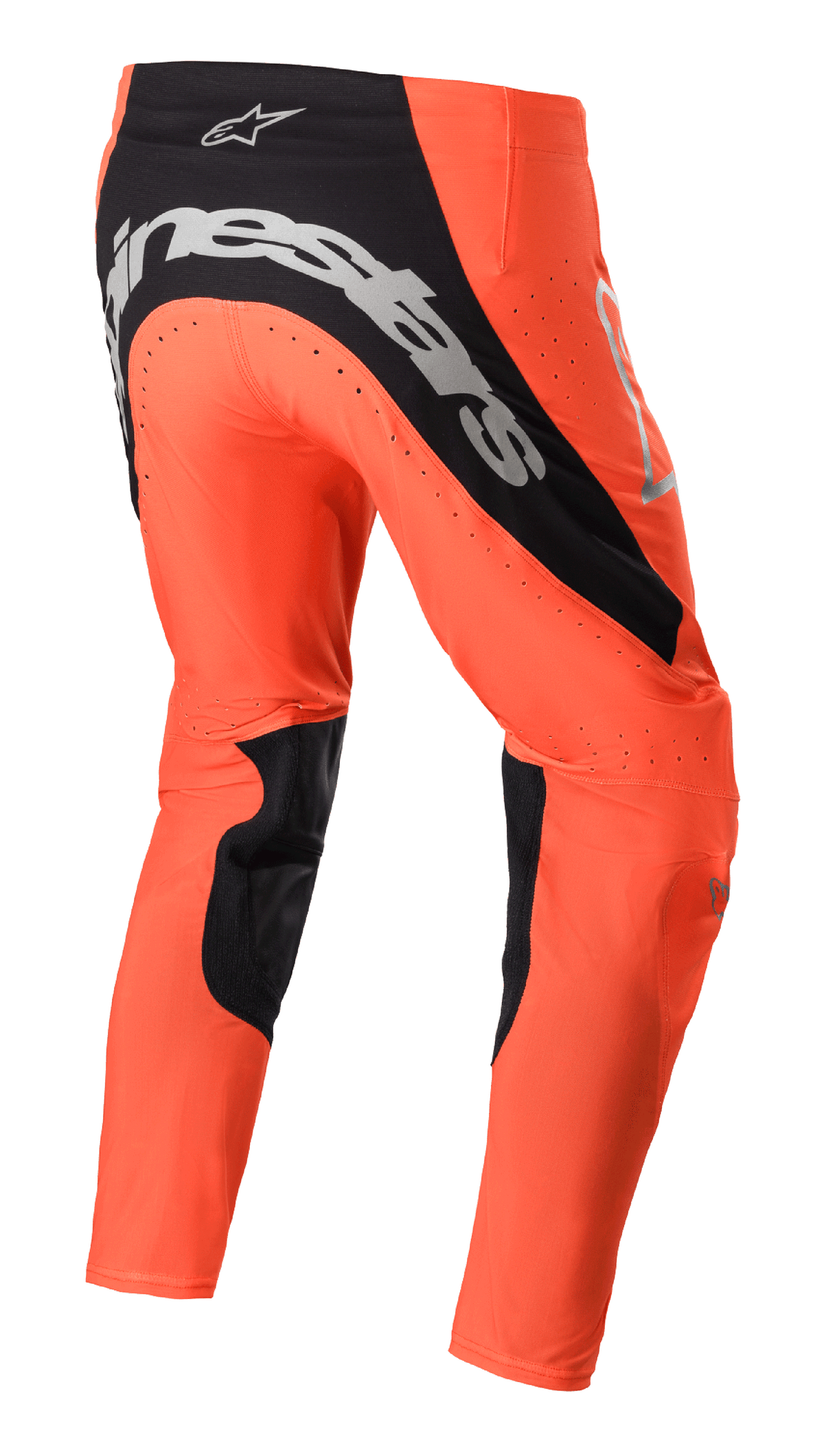 Alpinestars 2023 Supertech Risen broek, motocross broek, Hot Orange en zwart, achteraanzicht met opvallende zilveren branding op het zitvlak, zwarte panelen aan de binnenkant van de benen en geperforeerde ventilatiezones voor off-road racen.