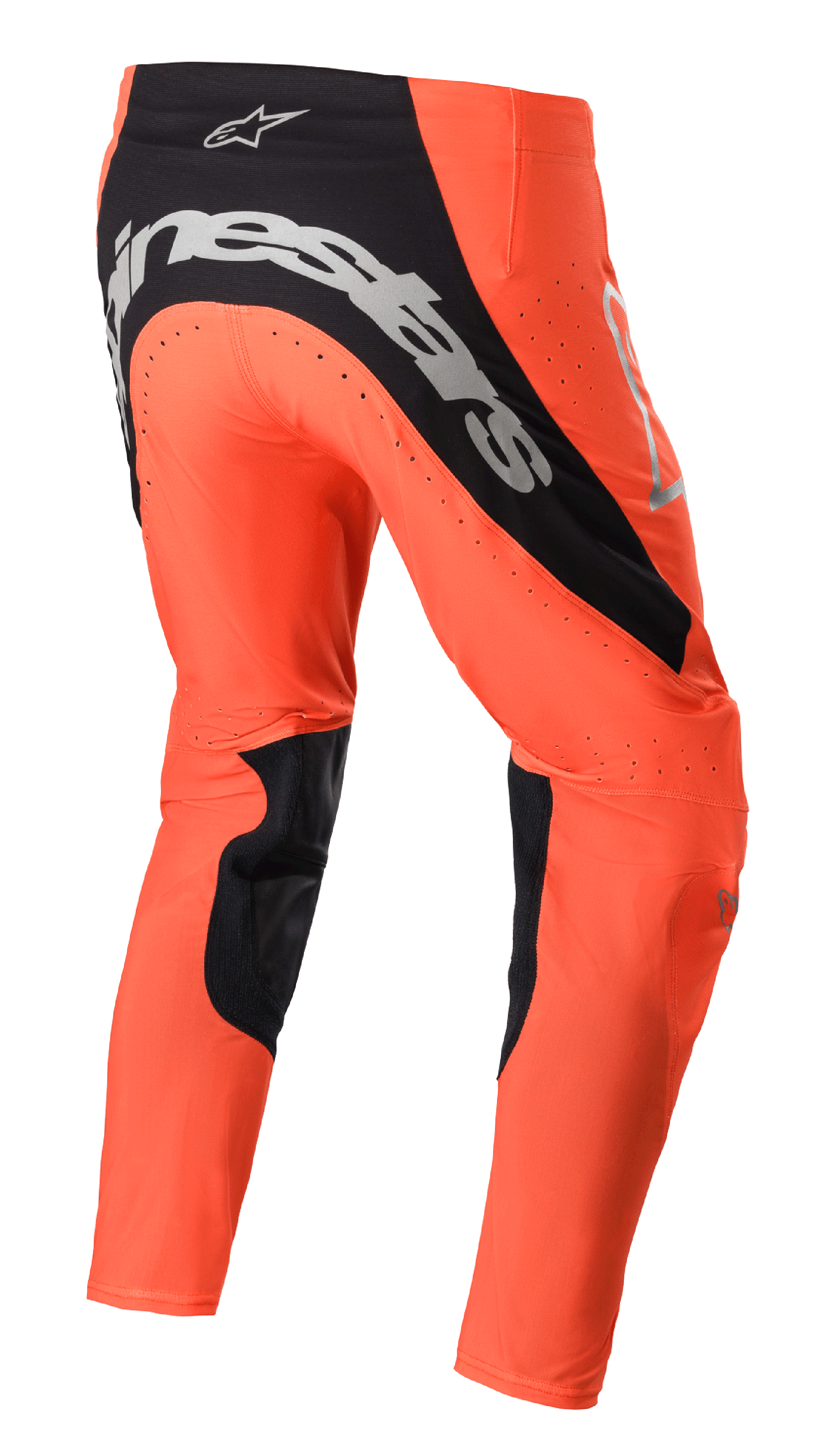 Alpinestars 2023 Supertech Risen broek, motocross broek, Hot Orange en zwart, achteraanzicht met opvallende zilveren branding op het zitvlak, zwarte panelen aan de binnenkant van de benen en geperforeerde ventilatiezones voor off-road racen.