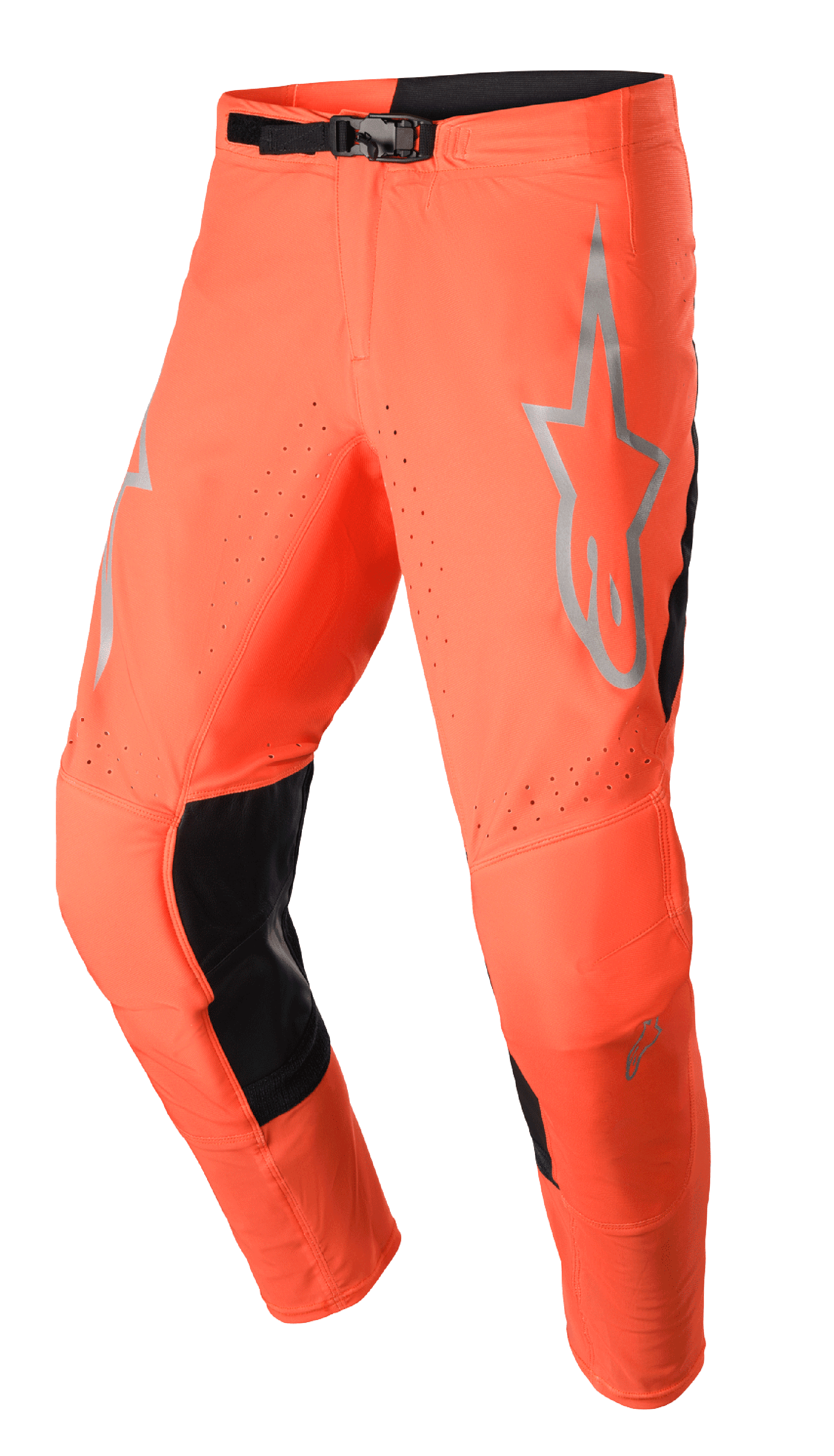 Alpinestars 2023 Supertech Risen broek, motorcross racebroek, fel oranje en zwart, grijs sterlogo op de dij, verstelbare gespsluiting, geperforeerde ventilatiezones, verstevigde zwarte binnenbeenpanelen.