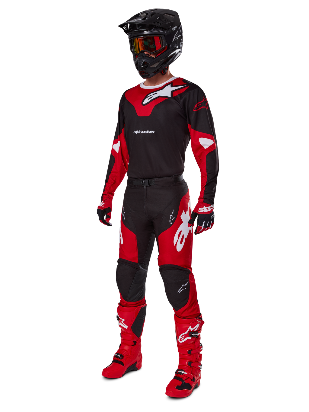 Alpinestars 2025 Racer Veil Gear Set, complete motorcross race-outfit in zwart en rood met witte accenten, met een bijpassende jersey, broek, helm, crossbril, handschoenen en laarzen, ontworpen voor off-road prestaties