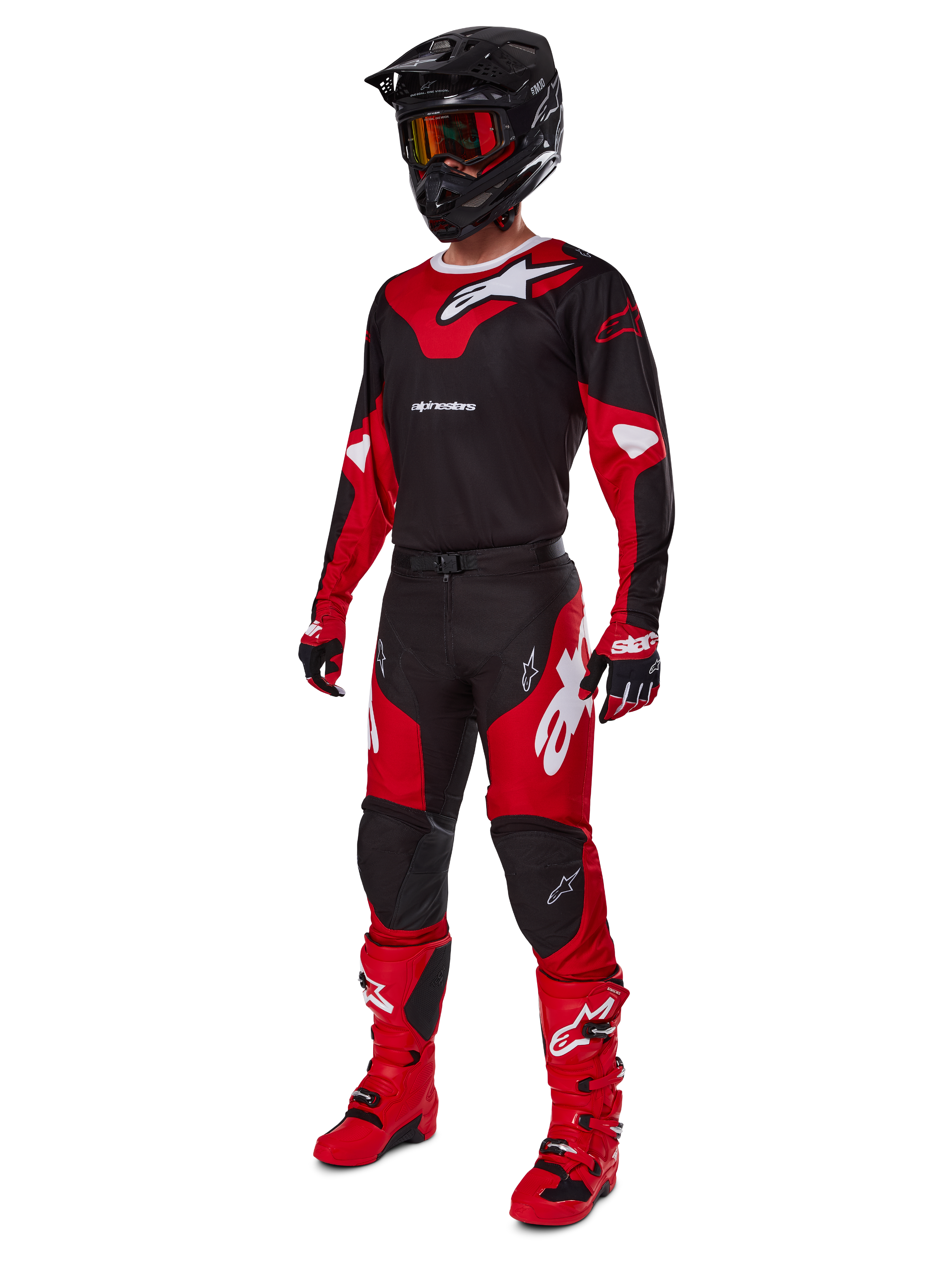 Alpinestars 2025 Racer Veil Gear Set, complete motorcross race-outfit in zwart en rood met witte accenten, met een bijpassende jersey, broek, helm, crossbril, handschoenen en laarzen, ontworpen voor off-road prestaties