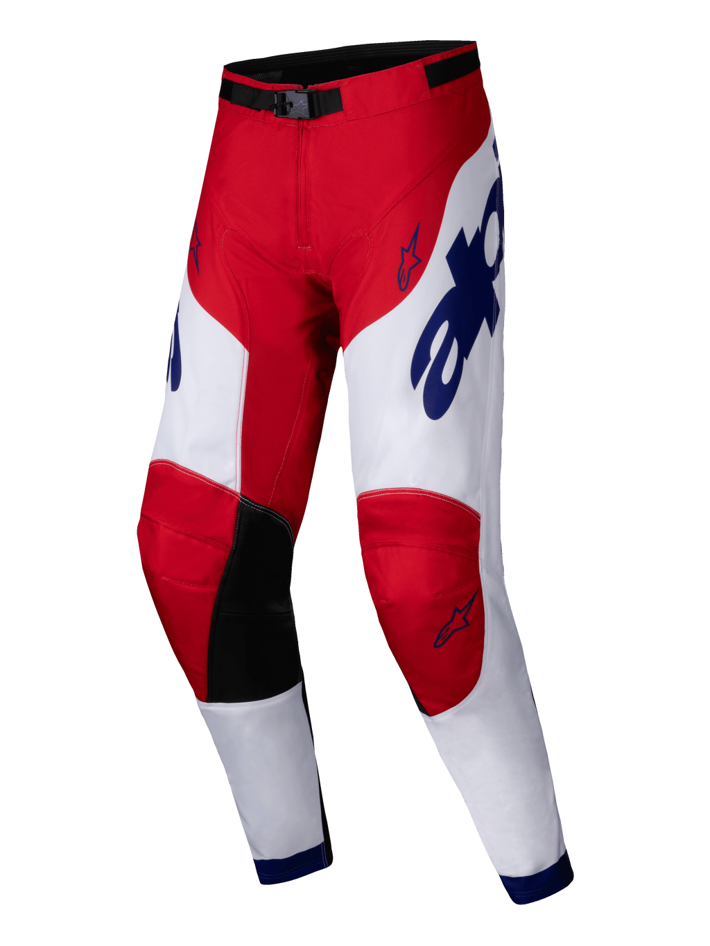 Alpinestars 2025 Racer Veil broek, motorcrossbroek, helderrood en wit met blauwe accenten, zwarte binnenkniepanelen, ergonomisch voorgevormd ontwerp, opvallende merkdetails en sterlogo's, duurzame uitrusting voor off-road racen