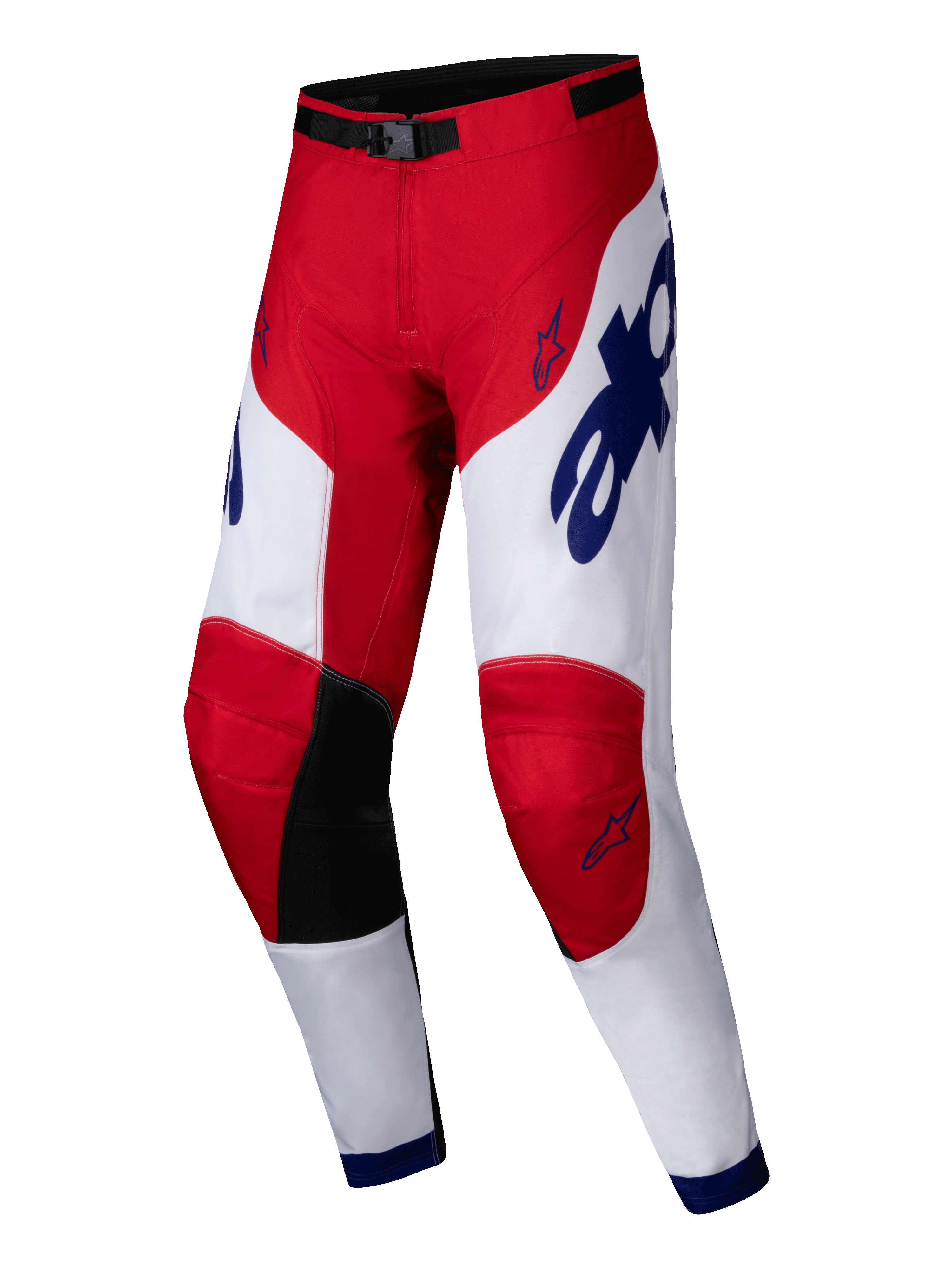 Alpinestars 2025 Racer Veil broek, motorcrossbroek, helderrood en wit met blauwe accenten, zwarte binnenkniepanelen, ergonomisch voorgevormd ontwerp, opvallende merkdetails en sterlogo's, duurzame uitrusting voor off-road racen