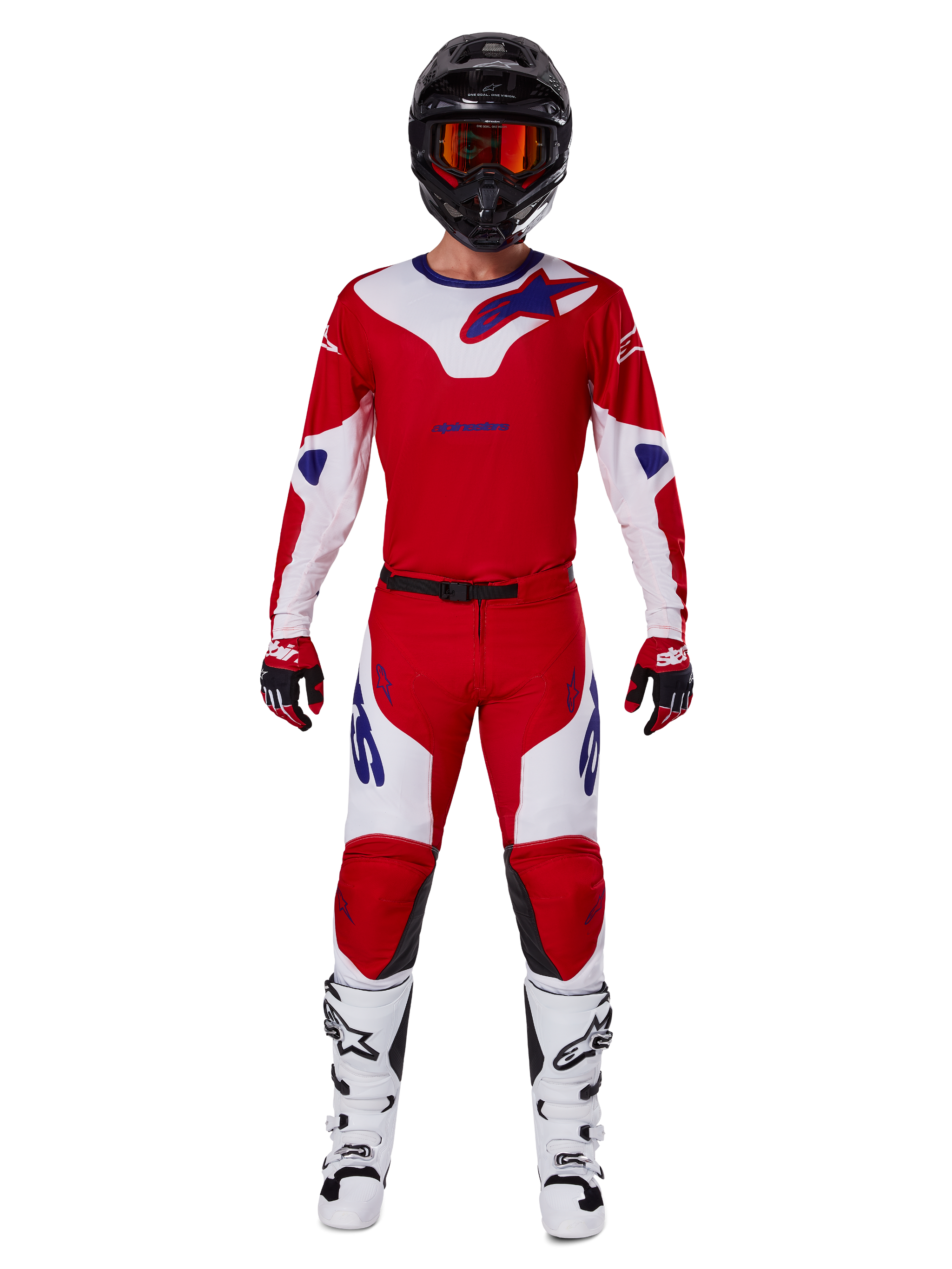 Alpinestars 2025 Racer Veil Pants and complete motocross gear set, Bright Red and White with blue accents, featuring a matching jersey, black helmet with orange goggles, white and black boots, and red gloves, coordinated performance look for off-road racing