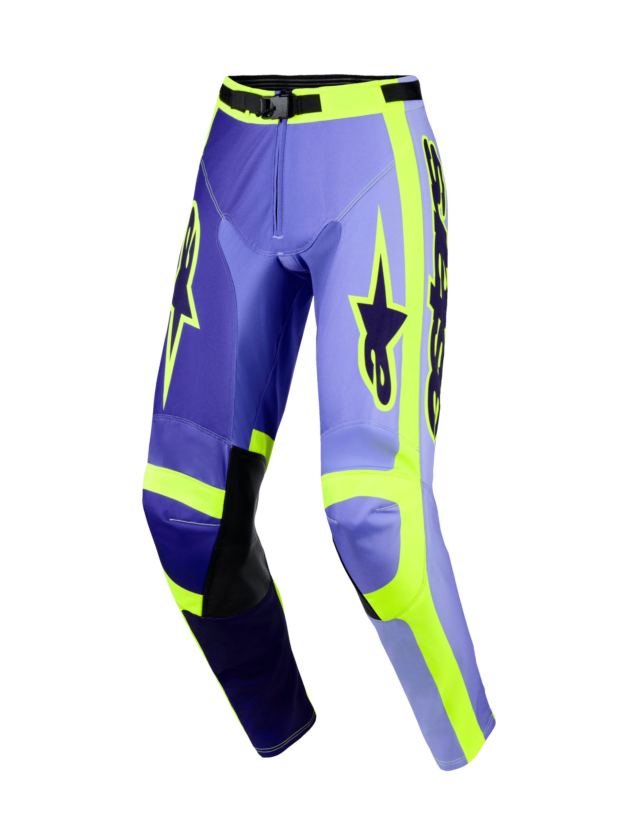 Alpinestars 2026 Racer Portl Pants, motorcrossbroek, paars en fluorgeel, met paarse panelen in verschillende tinten en neongele accenten, zwarte leren kniestukken aan de binnenkant, opvallende Alpinestars-branding op de dijen en een ergonomisch voorgevormd ontwerp voor off-road racen.