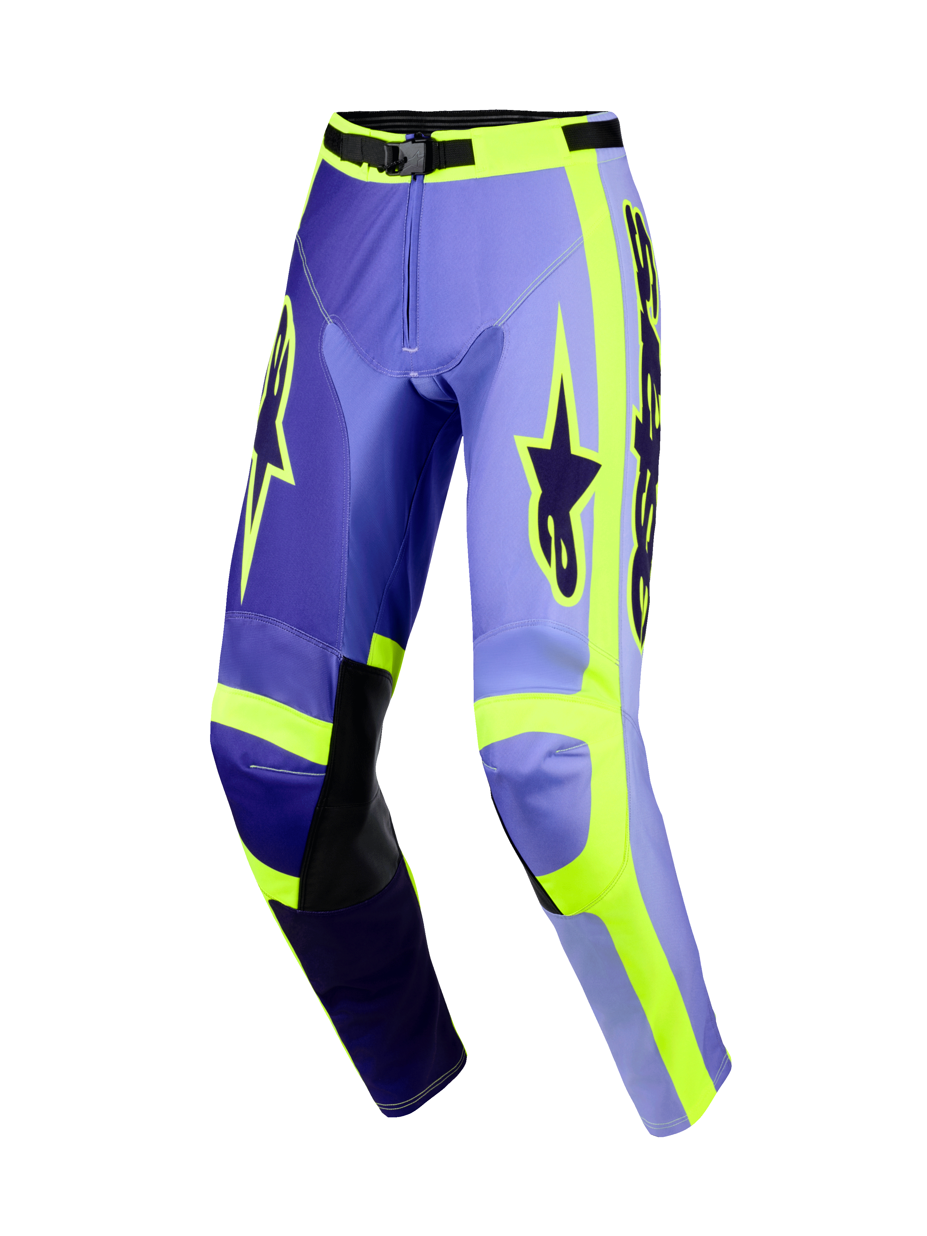 Alpinestars 2026 Racer Portl Pants, motorcrossbroek, paars en fluorgeel, met paarse panelen in verschillende tinten en neongele accenten, zwarte leren kniestukken aan de binnenkant, opvallende Alpinestars-branding op de dijen en een ergonomisch voorgevormd ontwerp voor off-road racen.