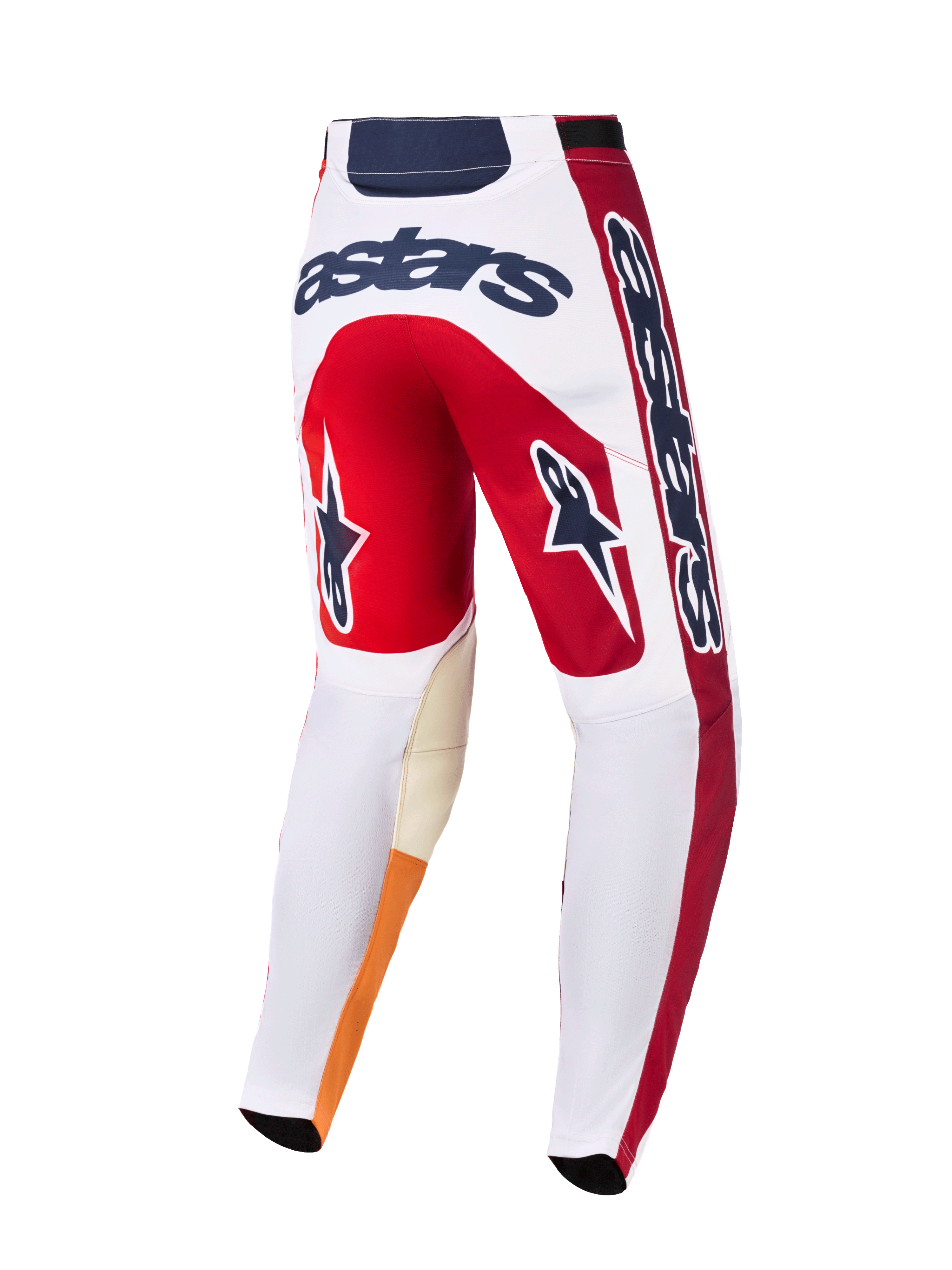 Alpinestars 2026 Racer Portl Pants, Motocross Pants, Red, White, and Dark Gray, rear view featuring bold 'astars' logo on the back, star icons on the legs, and durable material with reinforced inner knees for off-road racing.