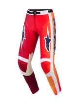 Alpinestars 2026 Racer Portl broek, motorcrossbroek, rood en lichtgrijs met donkergrijze logo's, levendige oranje kleurverlopen en witte strepen, grote Astar-branding op de dijen, lichtgrijze lederen knieverstevigingen aan de binnenzijde, zwarte taillegesp, duurzame uitrusting voor off-road racen.