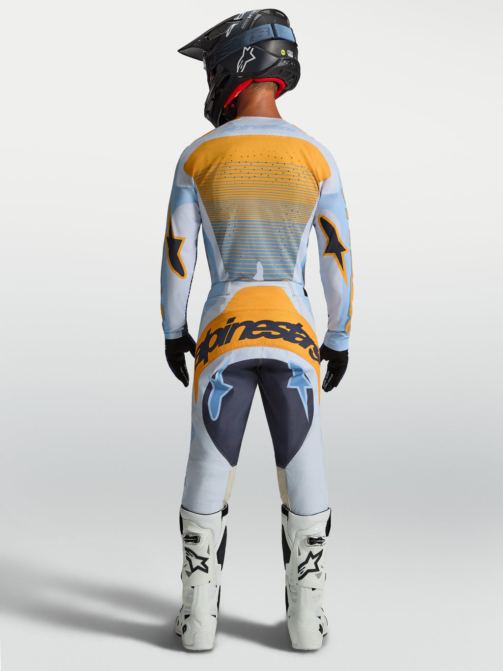 Alpinestars Techstar Maven broek, heren motorcrossbroek in blauw en oranje, met een versterkt zitvlak, ergonomische racingsnit en duurzame stretchconstructie.