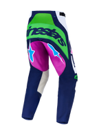 Alpinestars Techstar Maven Pants, blue and green fluo motocross pants with purple accents and back stretch zones.