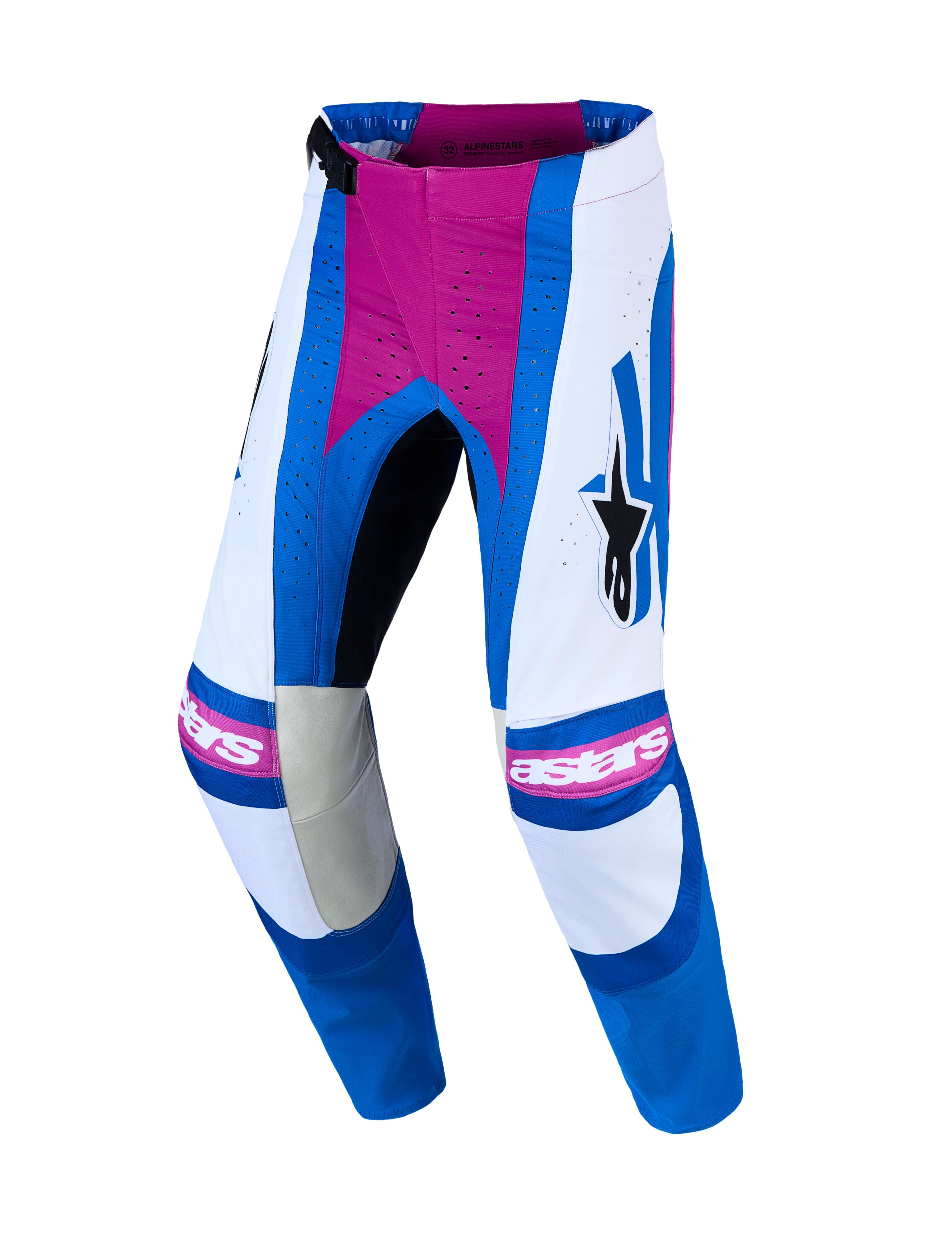 Alpinestars Techstar Maven Motocross Pants, White, Hot Coral, and Blue, with laser-perforated zones and 600D polyfabric.