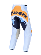 Alpinestars Techstar Maven broek, herenmotorcrossbroek, achteraanzicht in blauw en oranje met versterkt zitvlak.