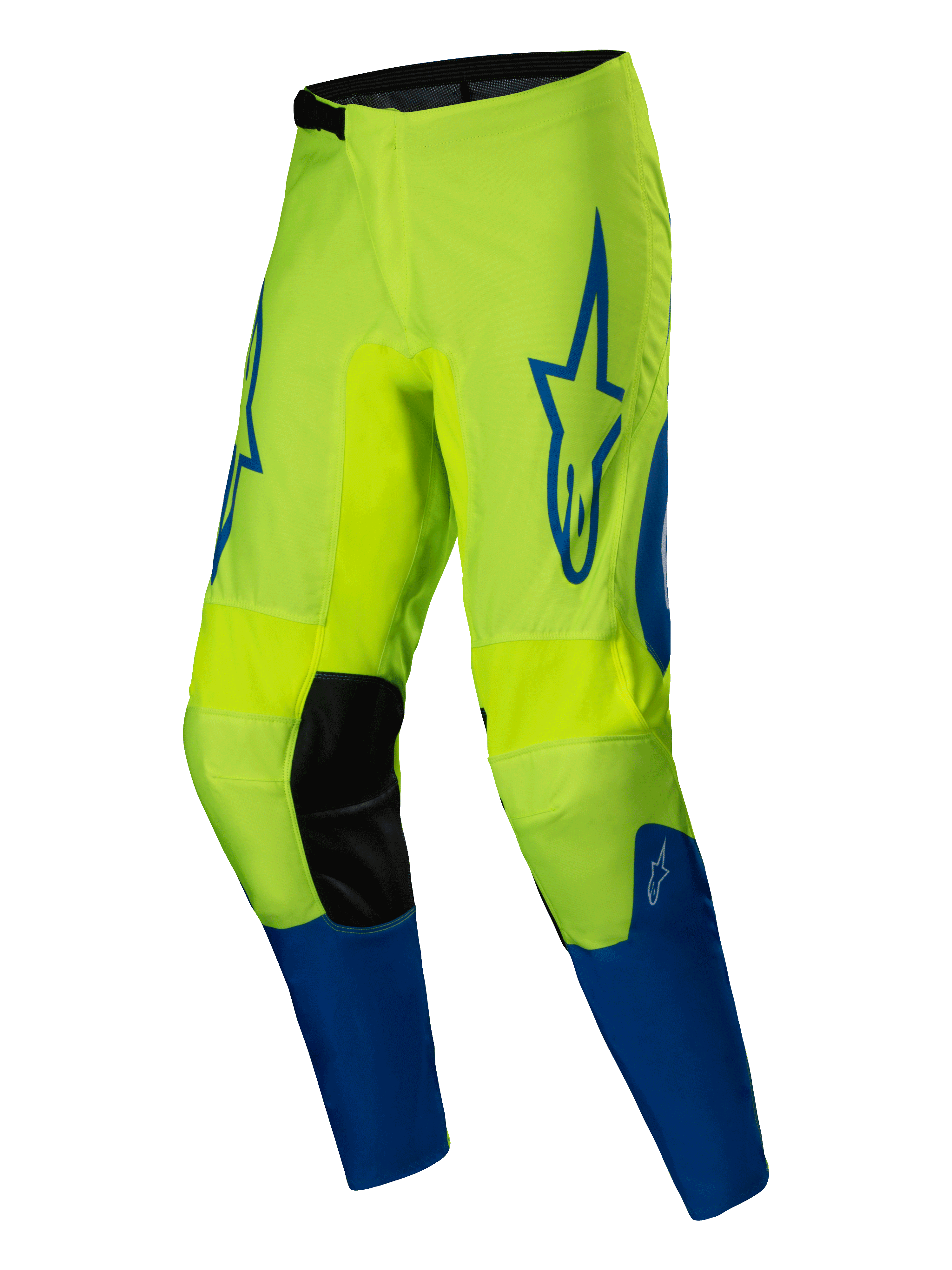 Alpinestars Fluid Haul Broek 2025, motorkleding voor heren, geel fluo en blauw, 600D polystof constructie met voorgevormde benen en synthetisch leren kniepanelen