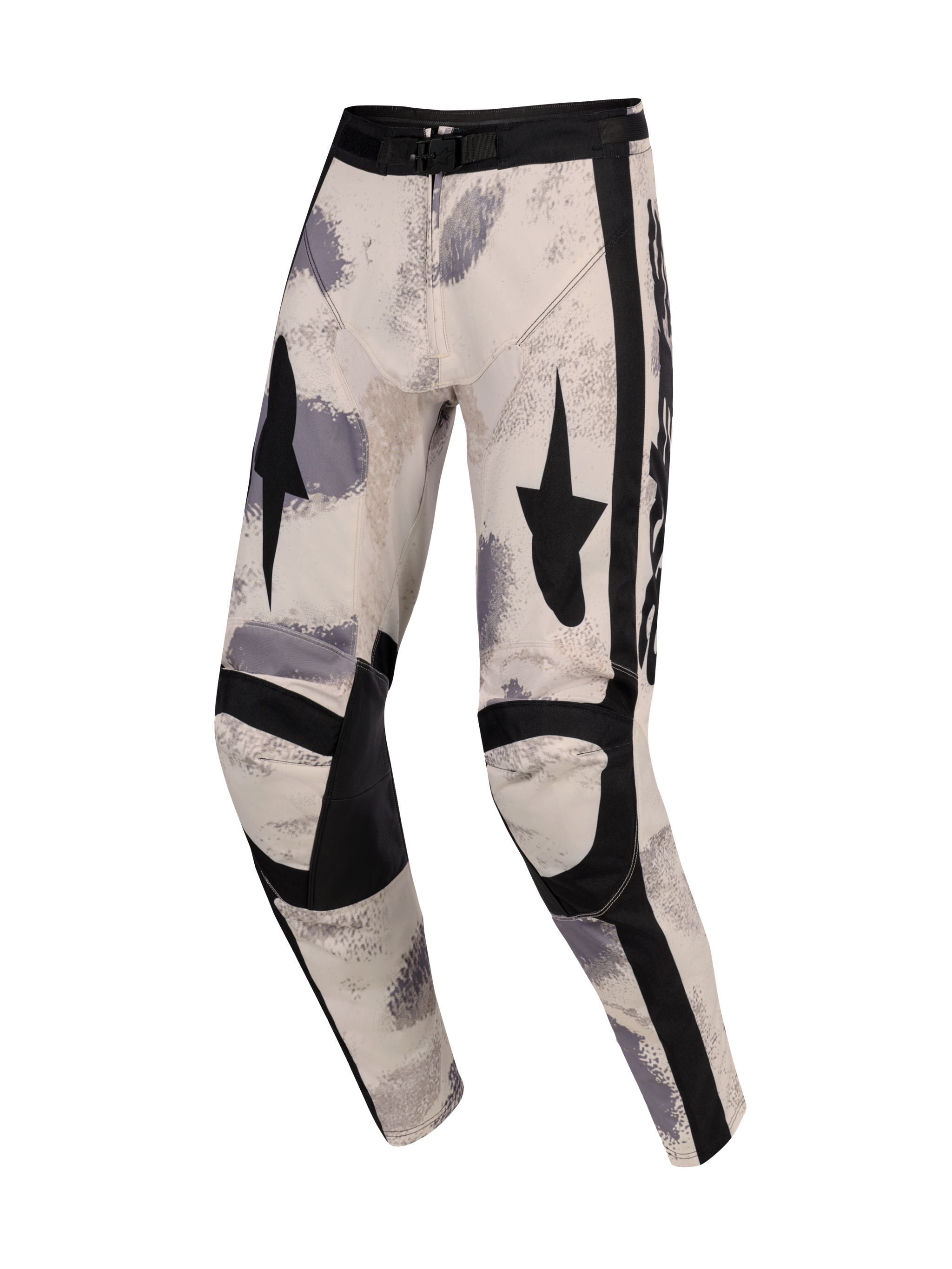 Alpinestars 2026 Racer Lahnd Broek, motorcrossbroek, Sand Camo, met gebroken witte basis en grijze en zwarte penseelstreekpatronen, zwarte ster-graphics op de dijen, versterkte zwarte kniepanelen en verstelbare gesp in de taille, ergonomisch off-road racing-ontwerp