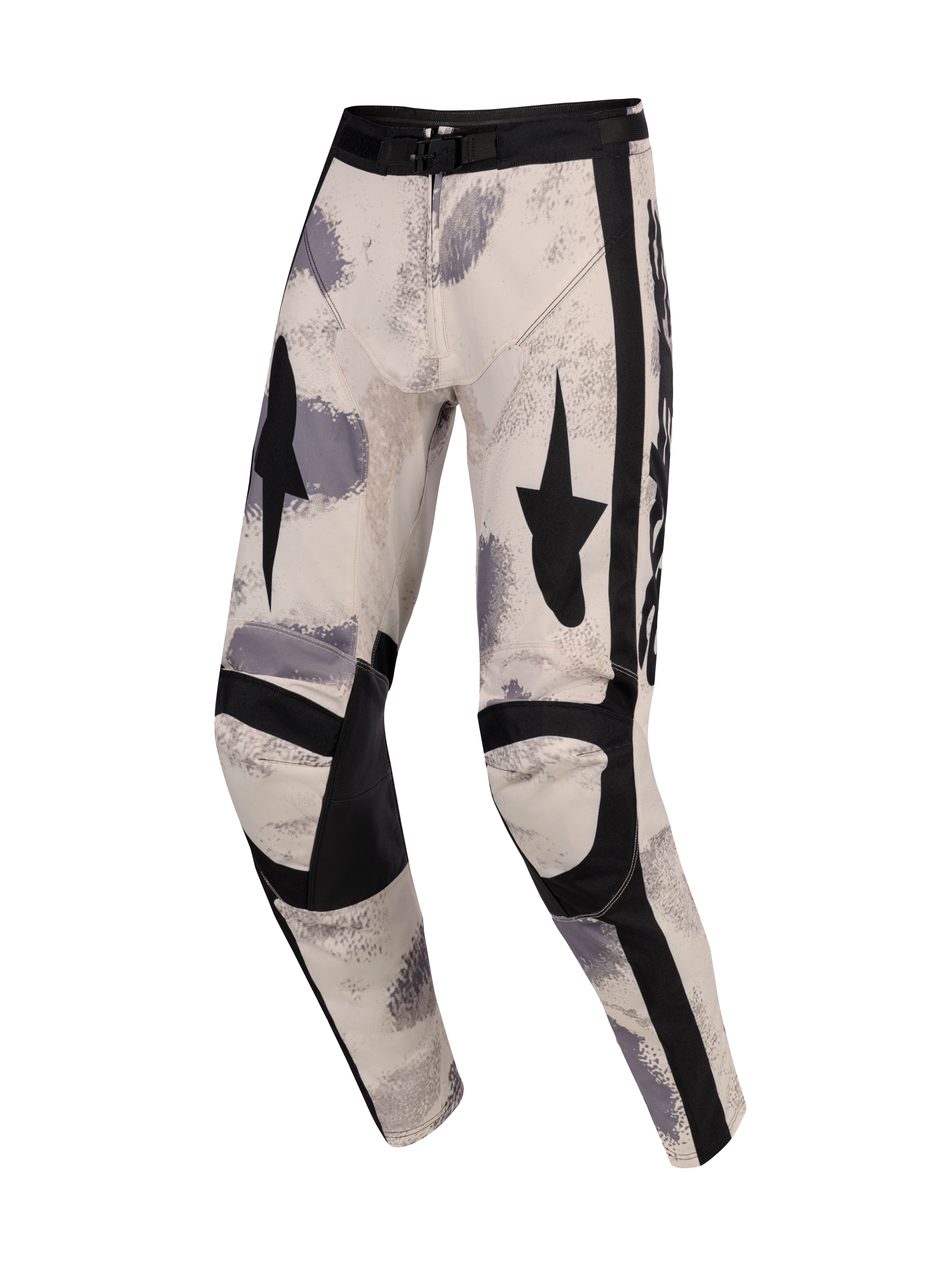 Alpinestars 2026 Racer Lahnd Pants, Motocross Pants, Sand Camo, featuring off-white base with gray and black brushstroke patterns, black star graphics on thighs, reinforced black knee panels, and adjustable waist buckle, ergonomic off-road racing design