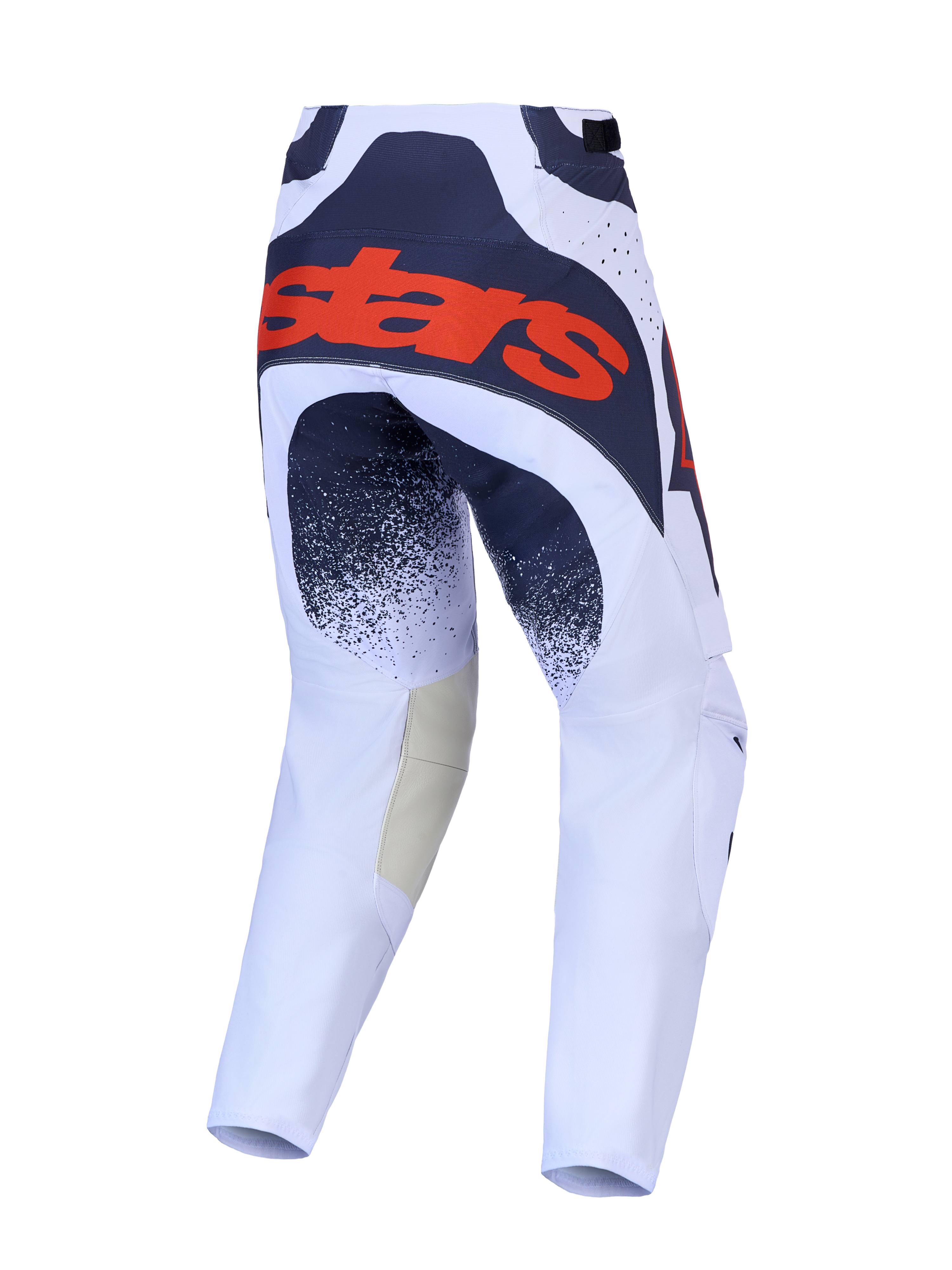 Alpinestars Techstar Swan Motocross Pants in light lilac and dark gray, showing the rear with a bold red fluo logo.