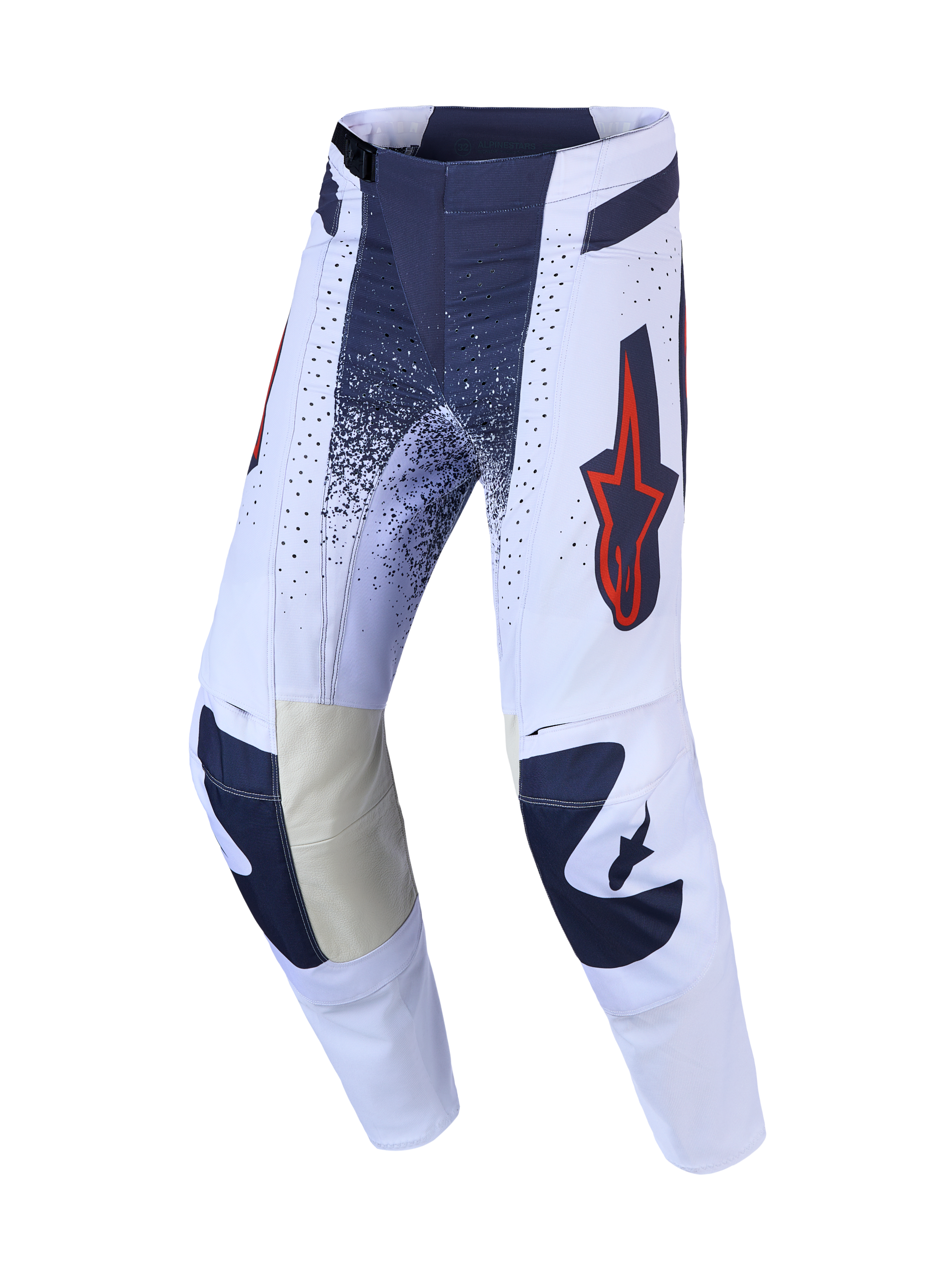 Alpinestars Techstar Swan Motocross Pants, light lilac and dark gray with red fluo accents and leather inner knees.