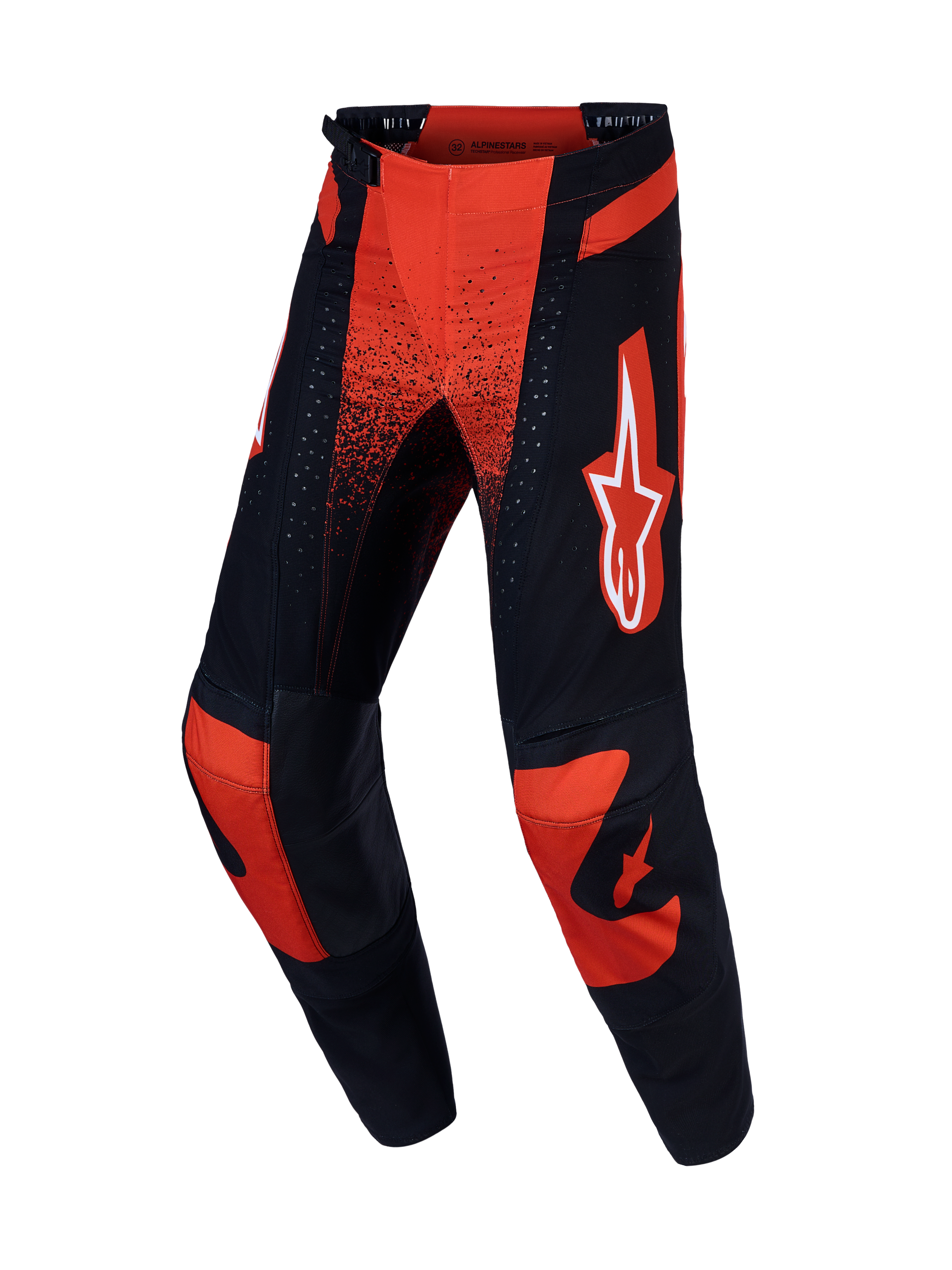 Alpinestars Techstar Swan Pants for motocross in Cardinal Red and Black, featuring a stretch chassis and leather knees.